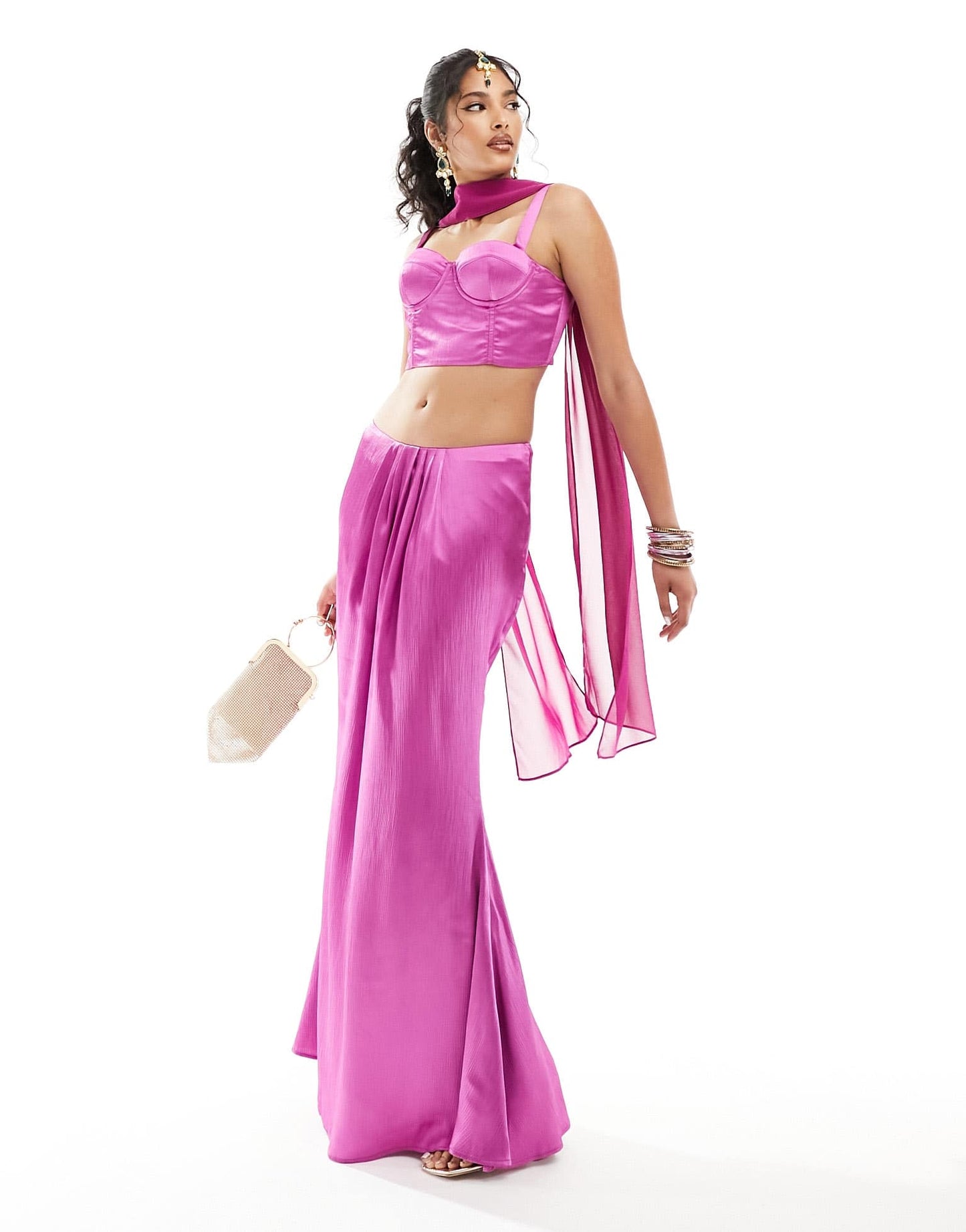 Kanya corset top co-ord with attachable mesh drape in fuchsia