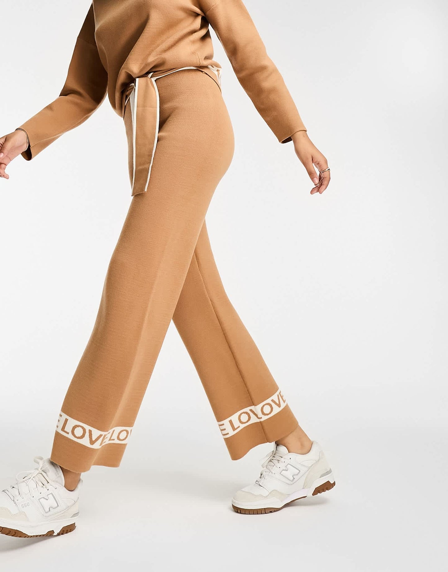 Never Fully Dressed LOVE knitted wide leg jogger co-ord in camel