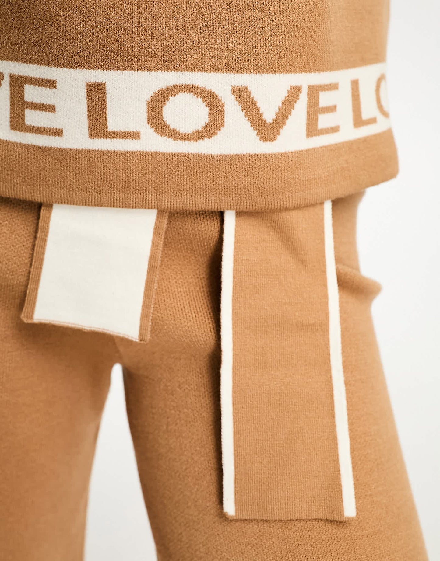 Never Fully Dressed LOVE knitted wide leg jogger co-ord in camel