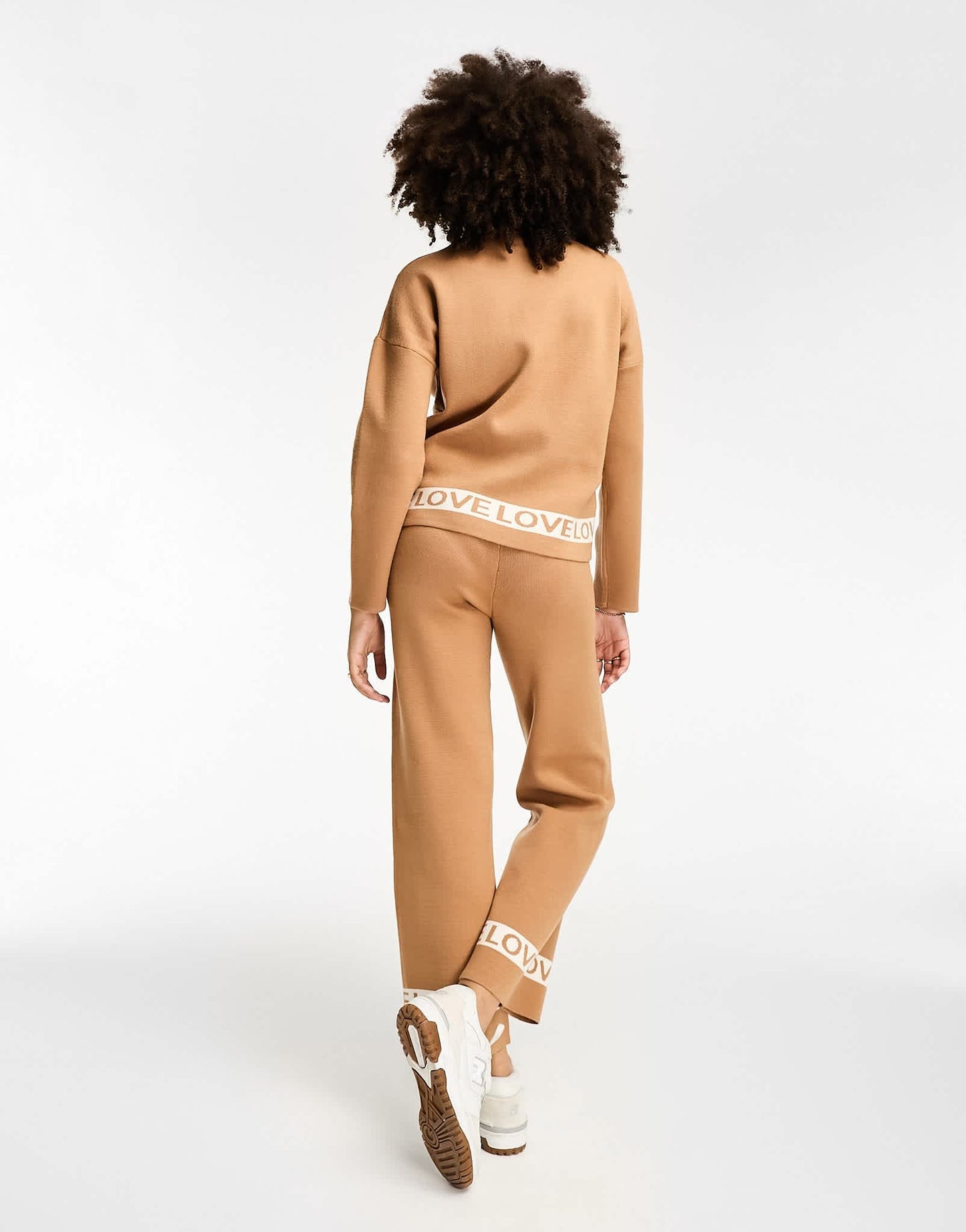 Never Fully Dressed LOVE knitted wide leg jogger co-ord in camel