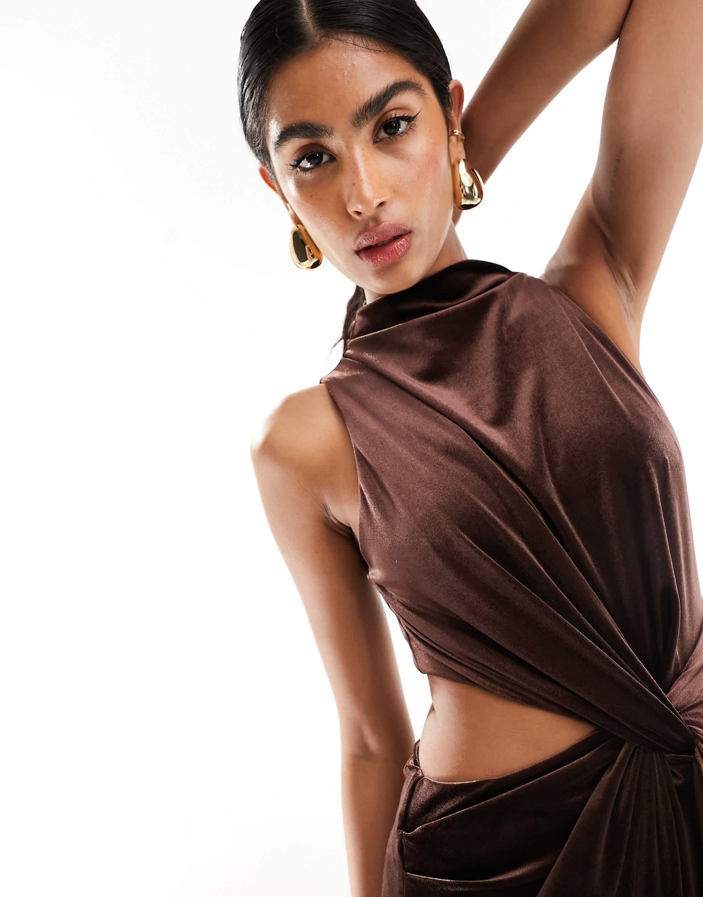 ASOS DESIGN velvet high neck drape minimal cut out midi dress in chocolate
