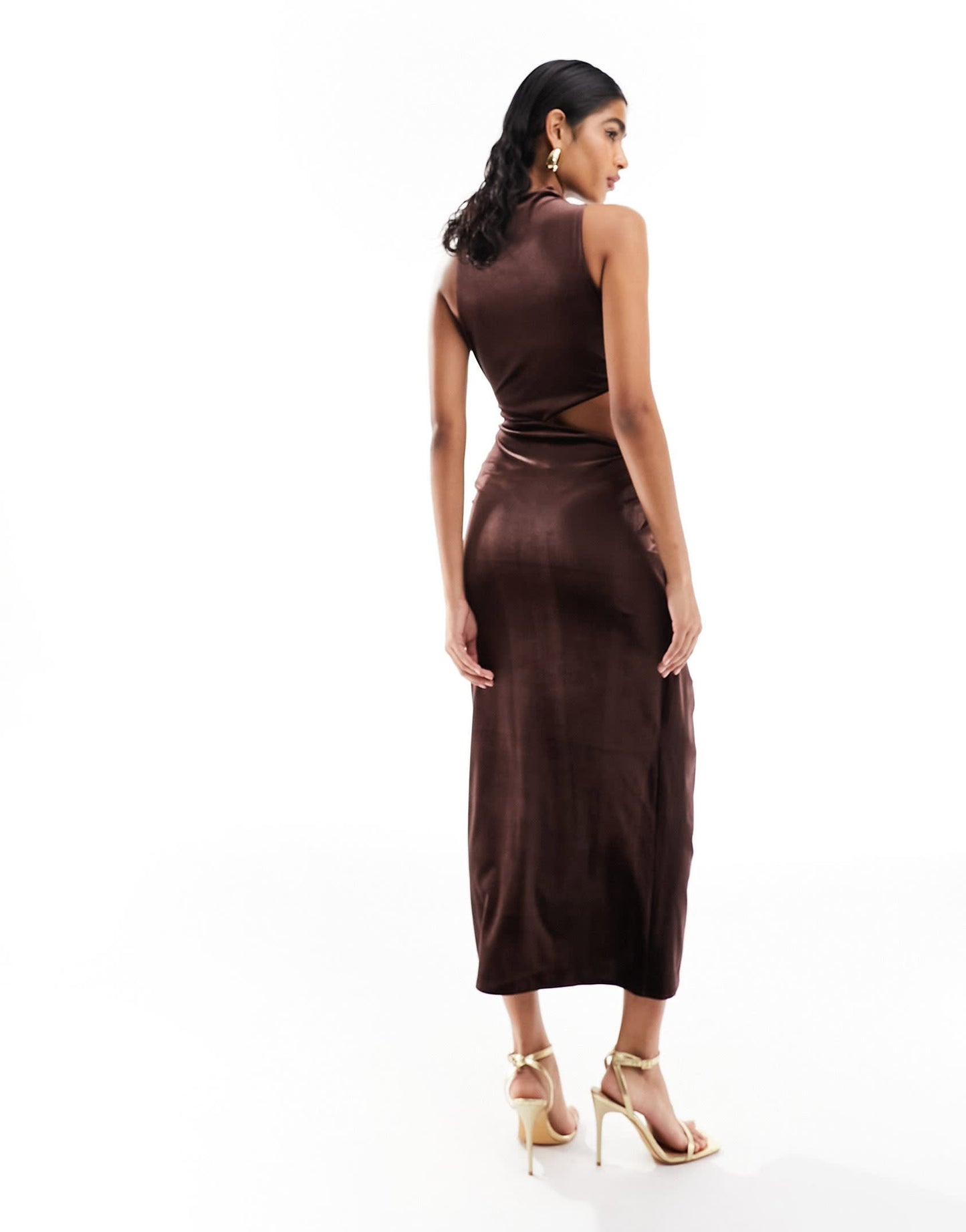 ASOS DESIGN velvet high neck drape minimal cut out midi dress in chocolate