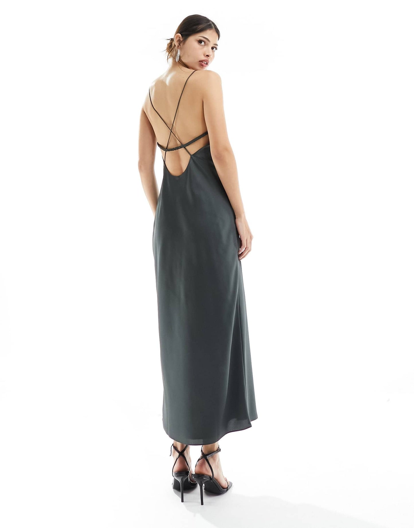 ASOS DESIGN satin cut out cami midi dress in charcoal grey