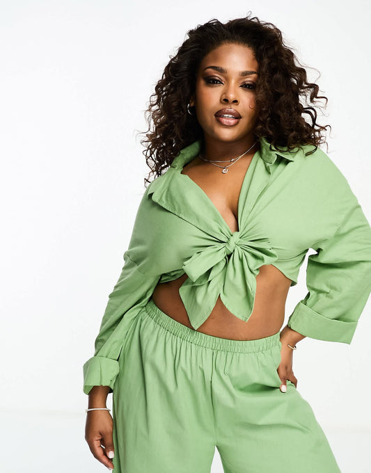 Esmee Plus beach loose fit tie front shirt co-ord in sage green