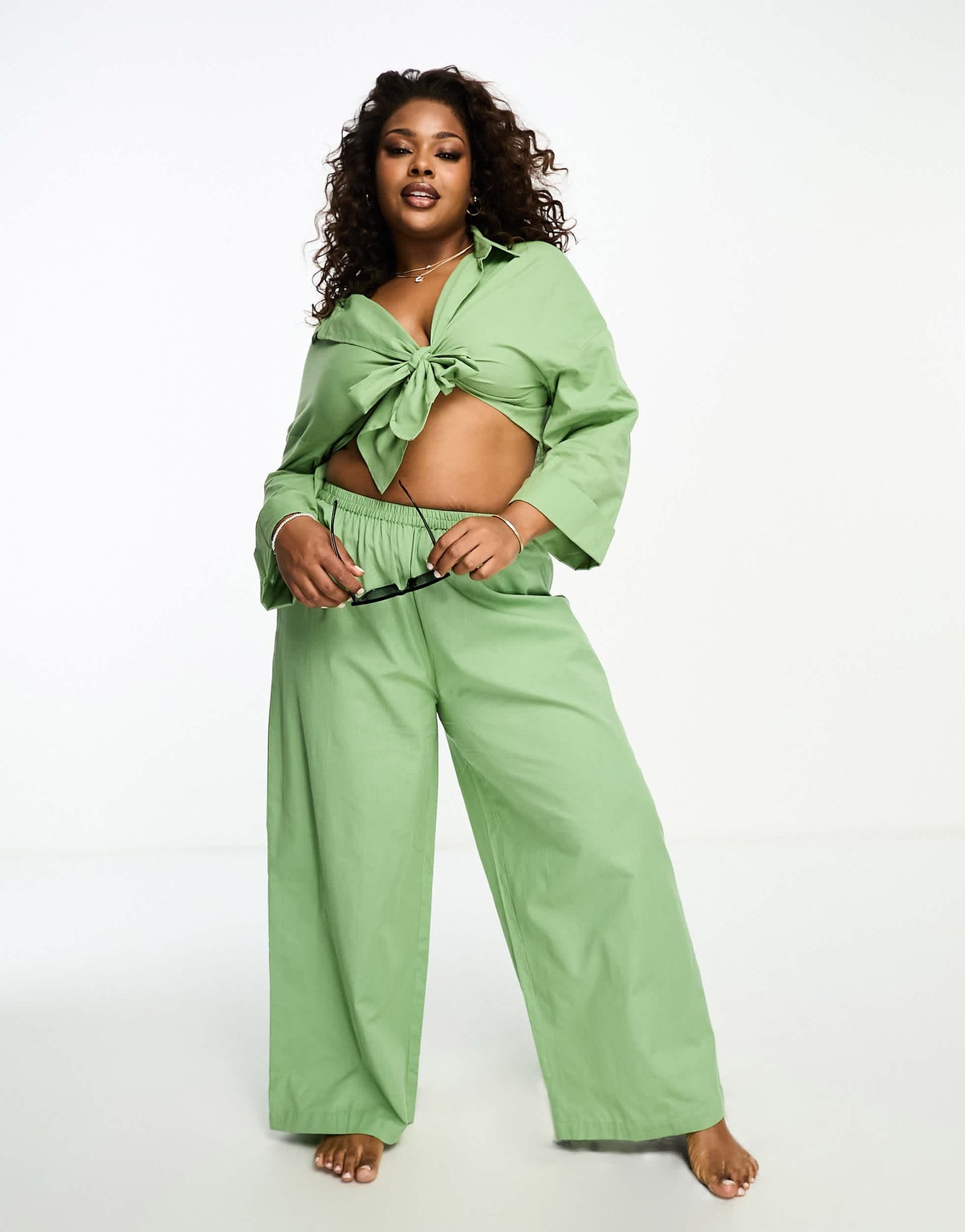 Esmee Plus beach loose fit tie front shirt co-ord in sage green