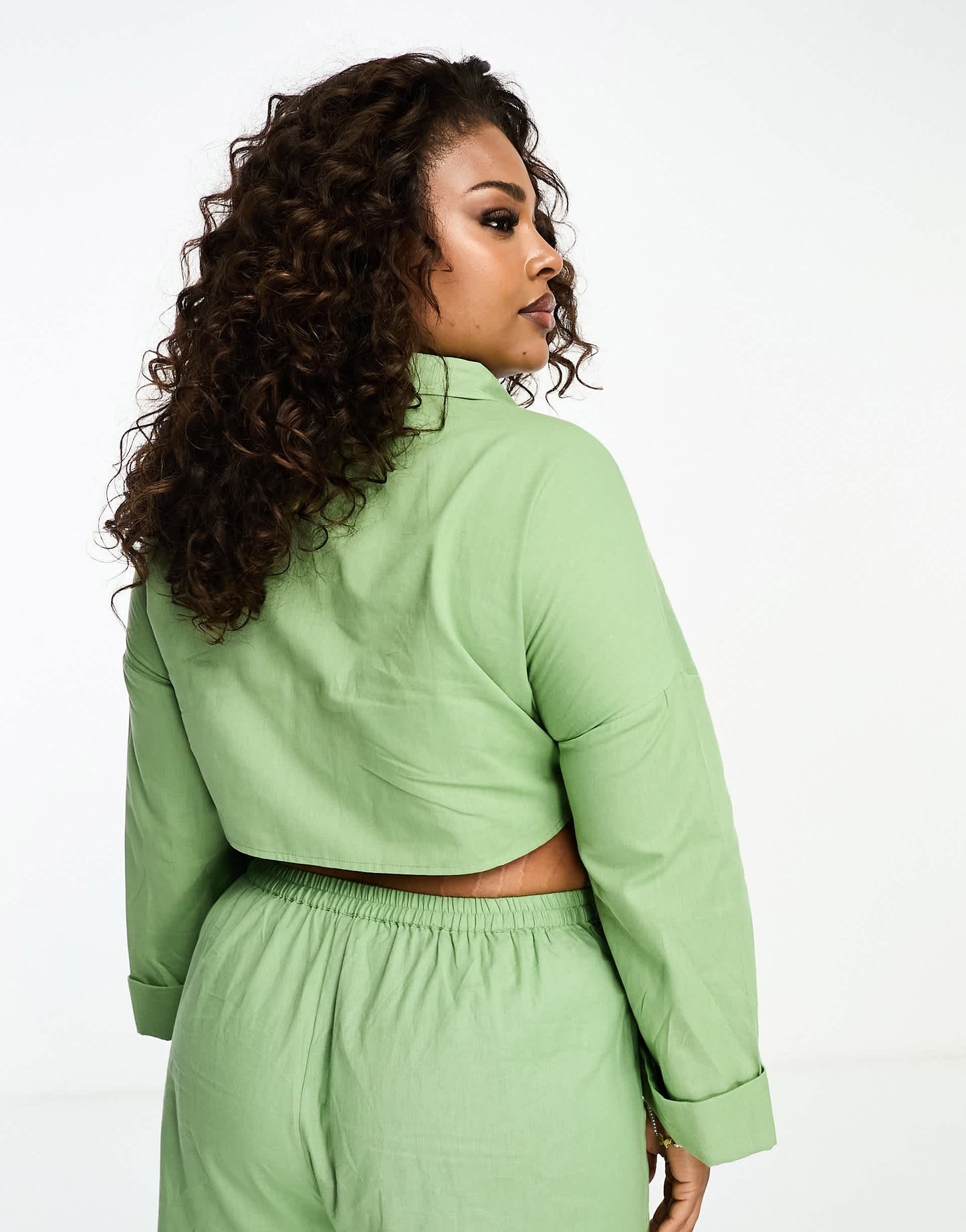 Esmee Plus beach loose fit tie front shirt co-ord in sage green