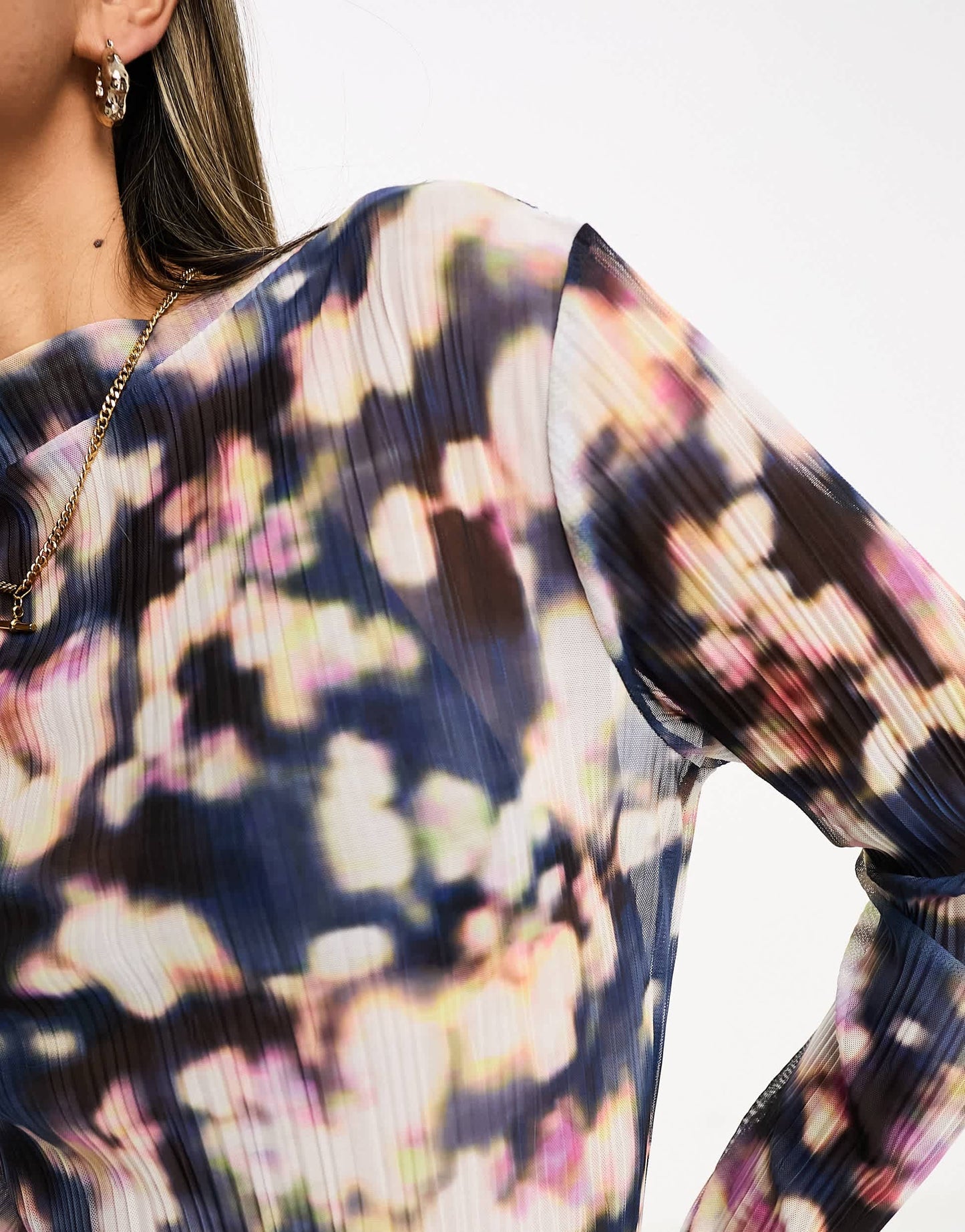 & Other Stories plisse mesh long sleeve top in blurred floral print