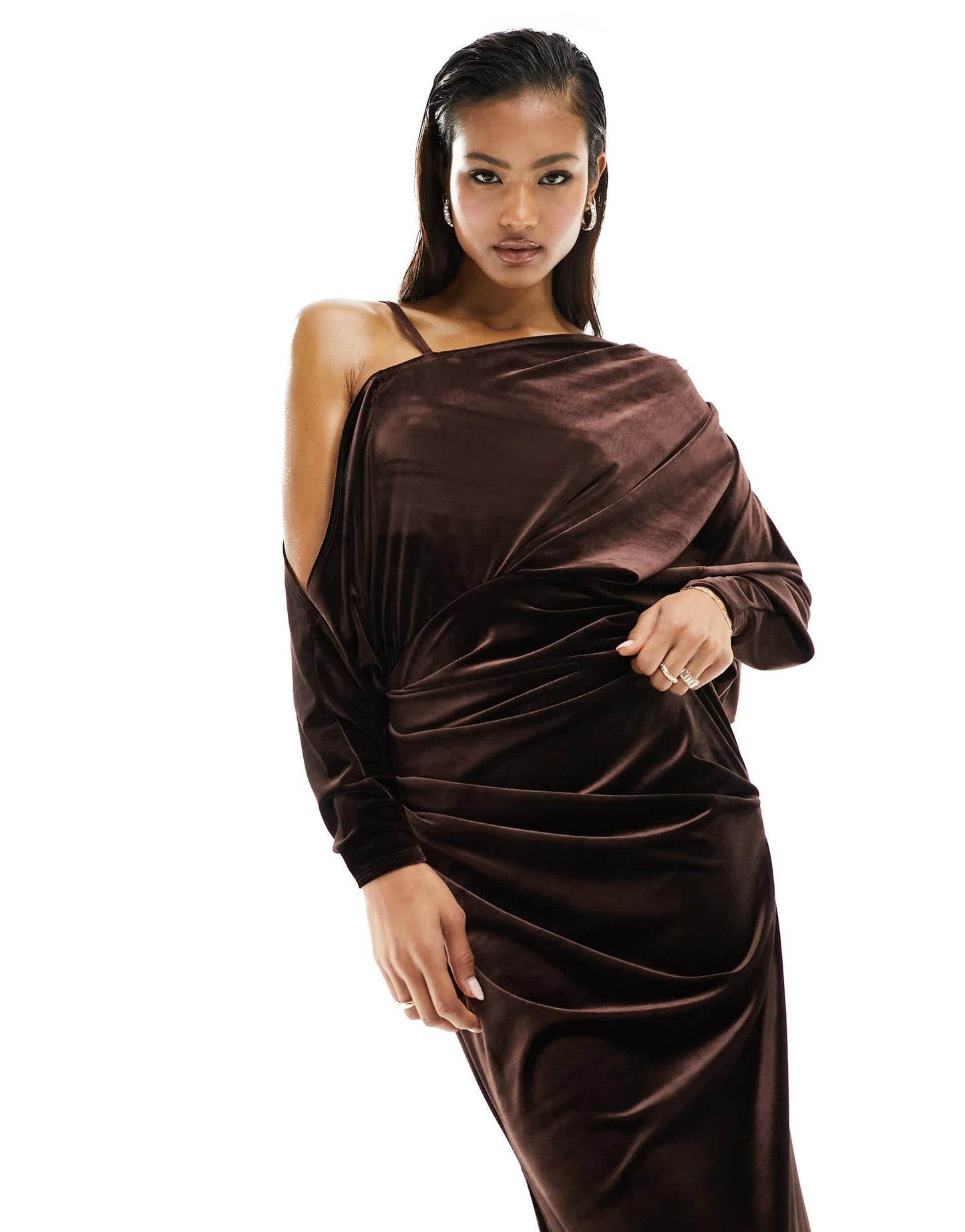 ASOS DESIGN velvet off shoulder grecian drape midi dress in chocolate