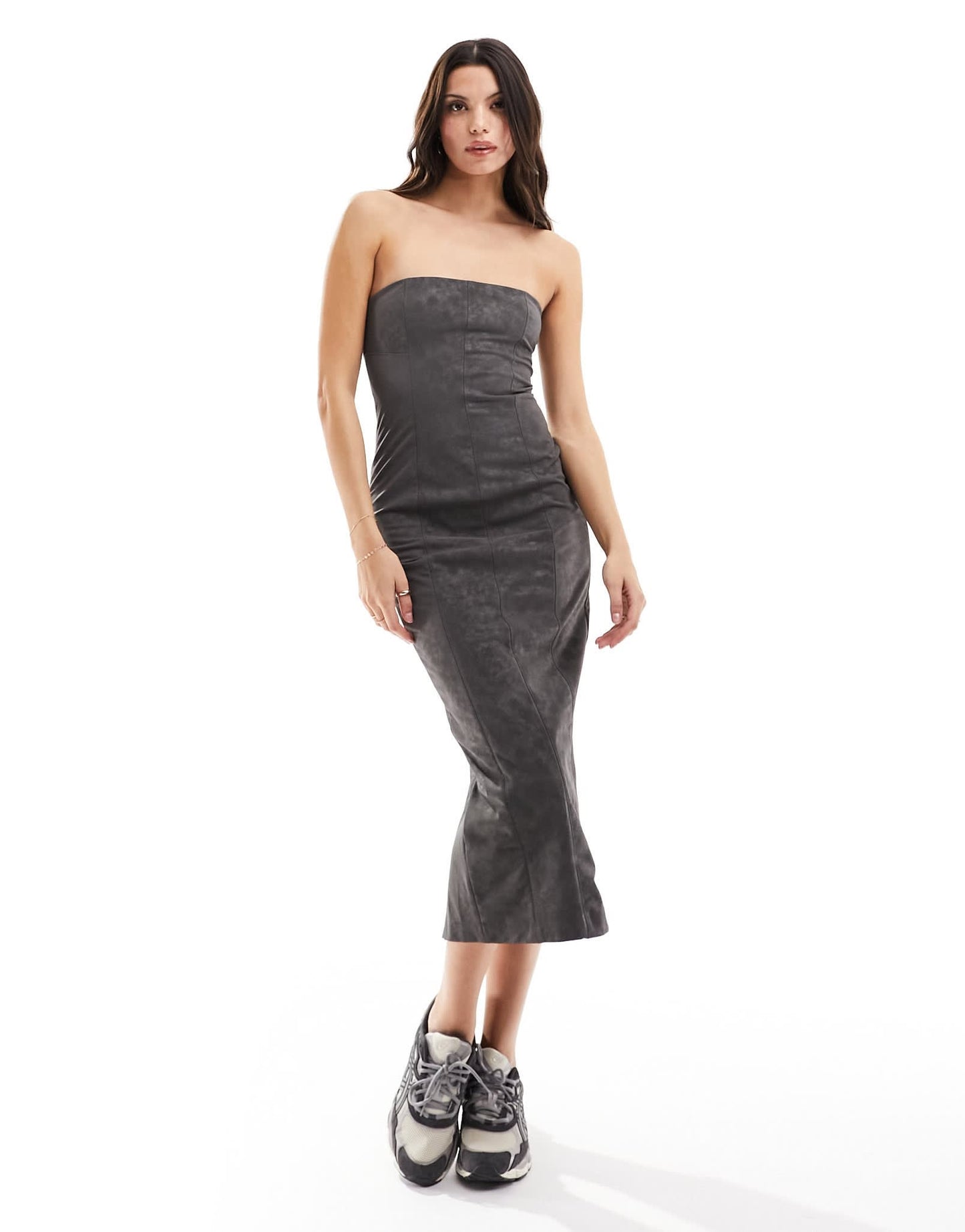 Bershka bandeau faux suede bodycon midaxi dress in grey