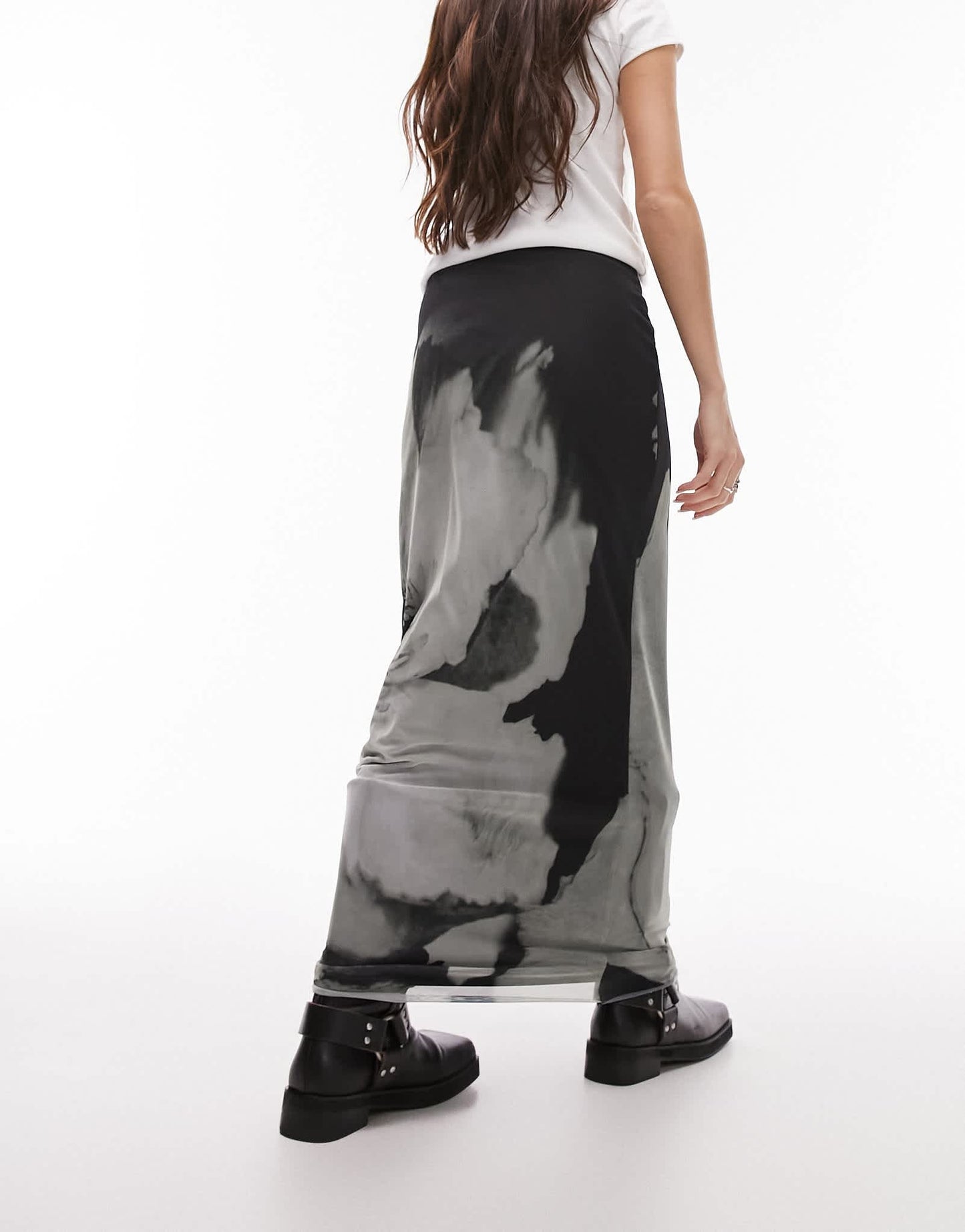 Topshop jersey mesh maxi skirt in grey floral swirl