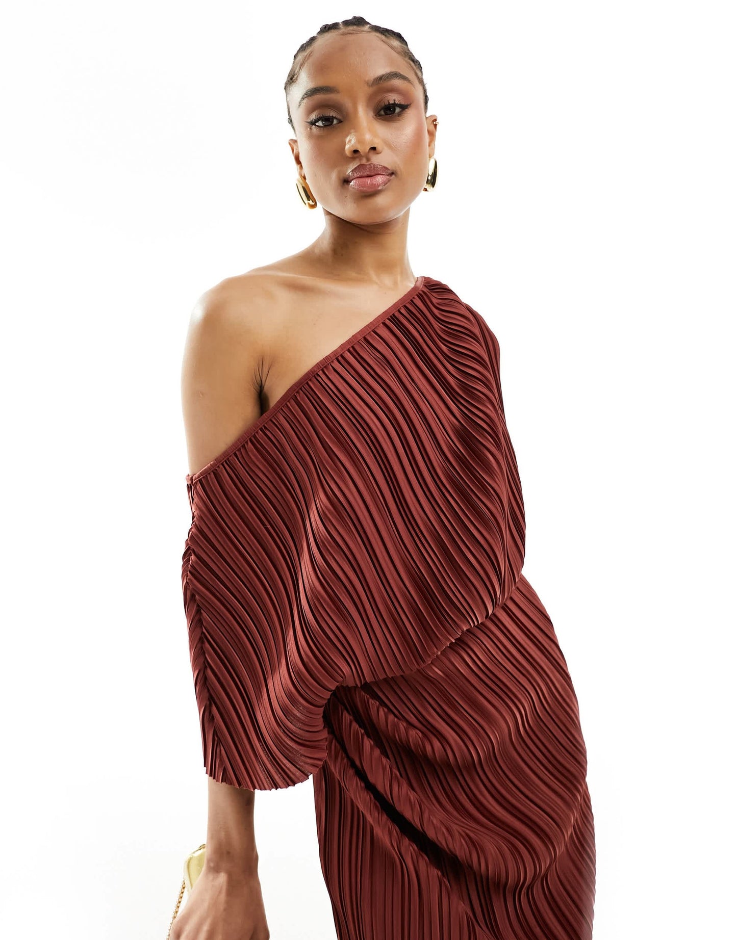 ASOS DESIGN Tall plisse fallen shoulder midi dress in rust