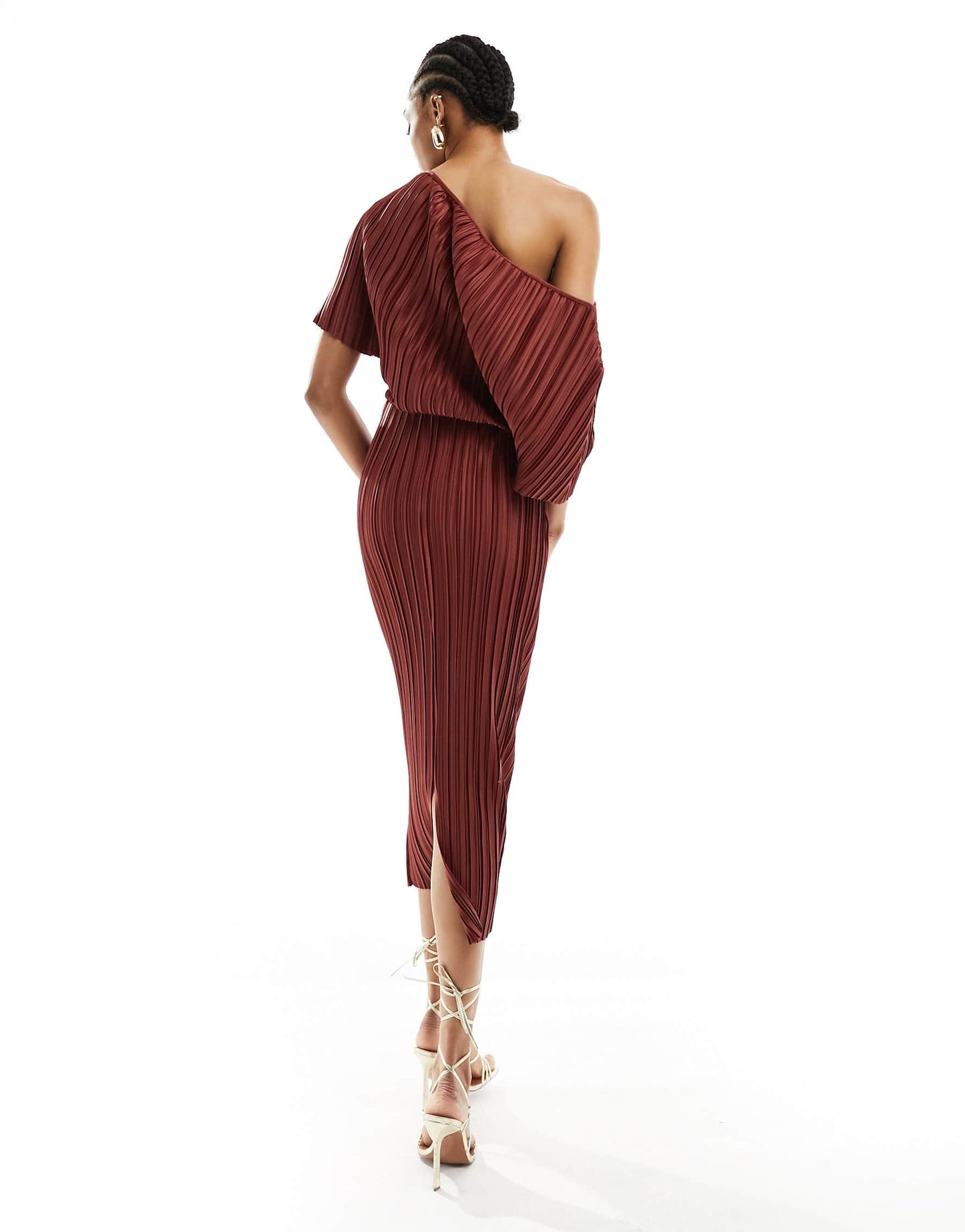 ASOS DESIGN Tall plisse fallen shoulder midi dress in rust