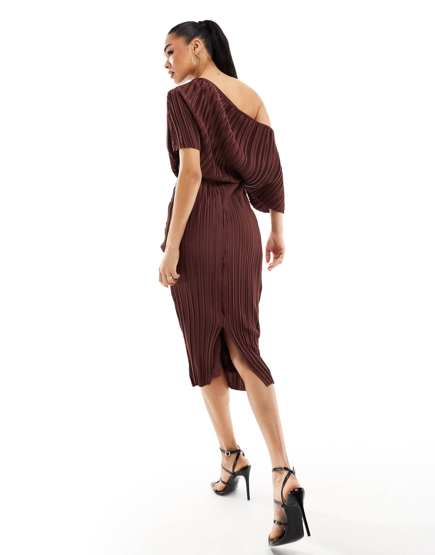 ASOS DESIGN plisse fallen shoulder midi dress in chocolate
