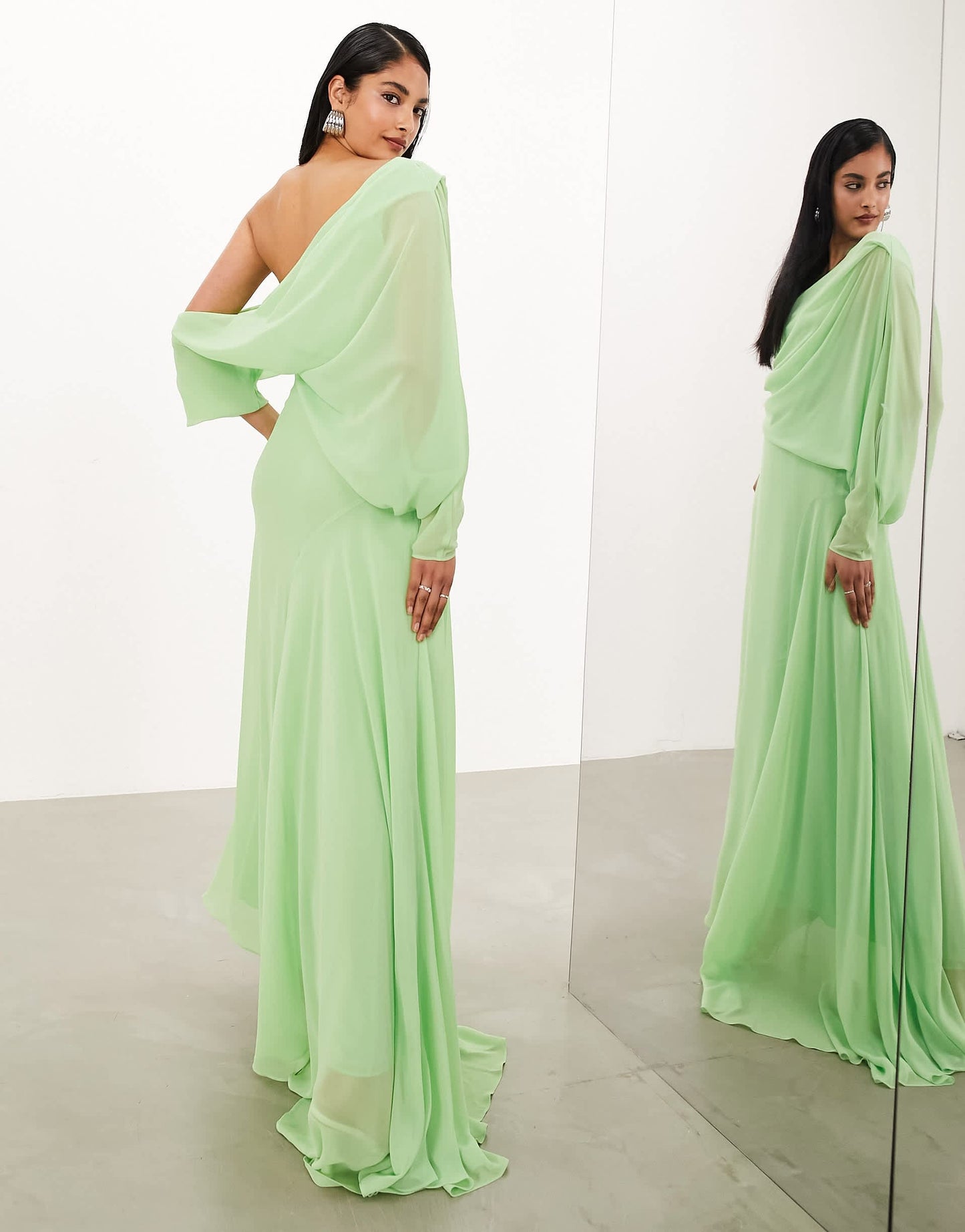 ASOS EDITION chiffon draped off shoulder maxi dress with full skirt in mint green