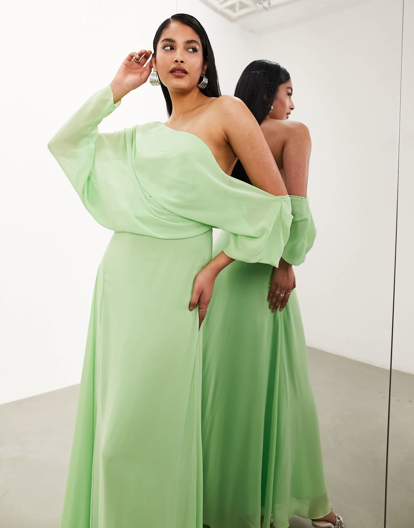 ASOS EDITION chiffon draped off shoulder maxi dress with full skirt in mint green