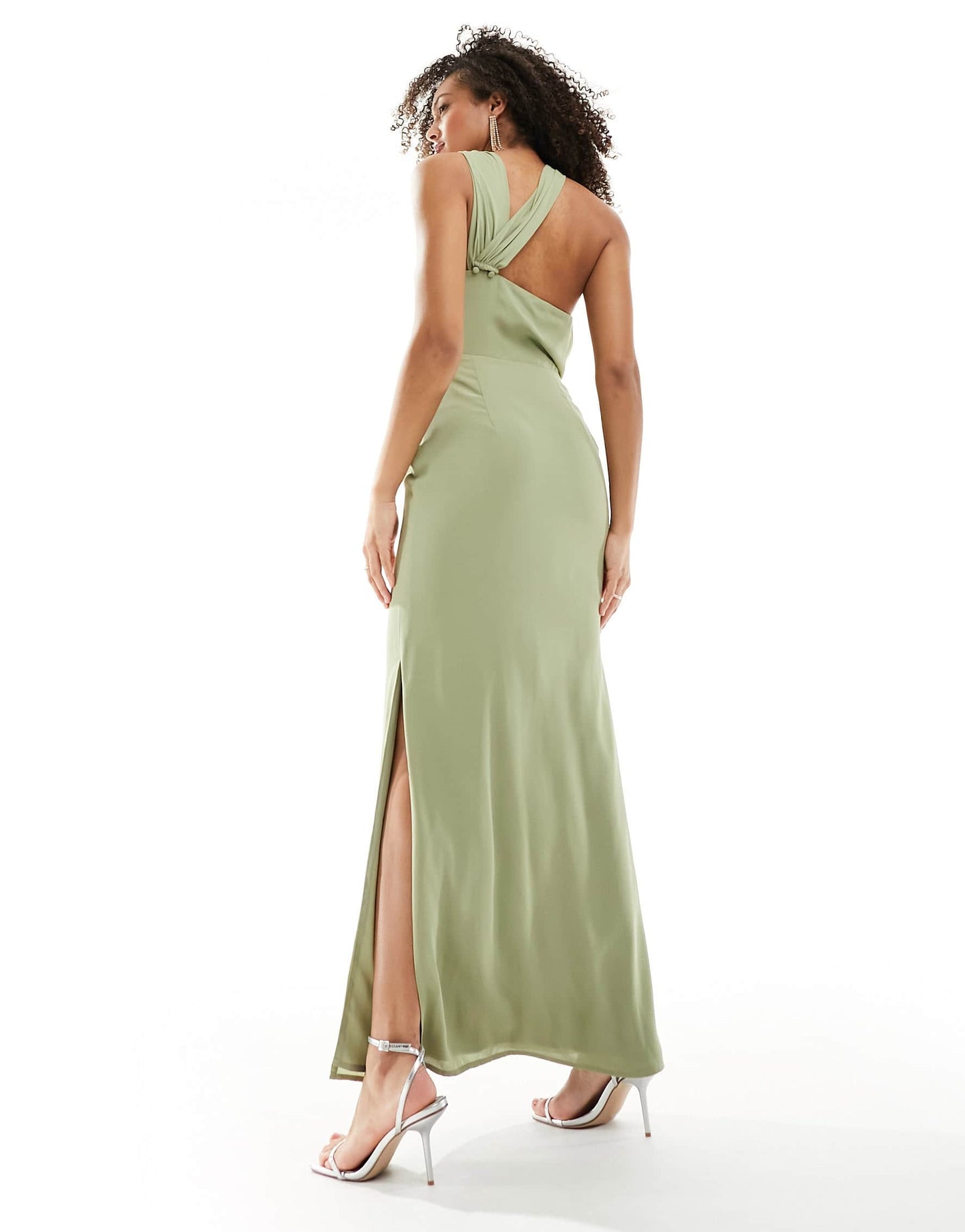 Pretty Lavish Bridesmaid drape neck maxi dress in olive