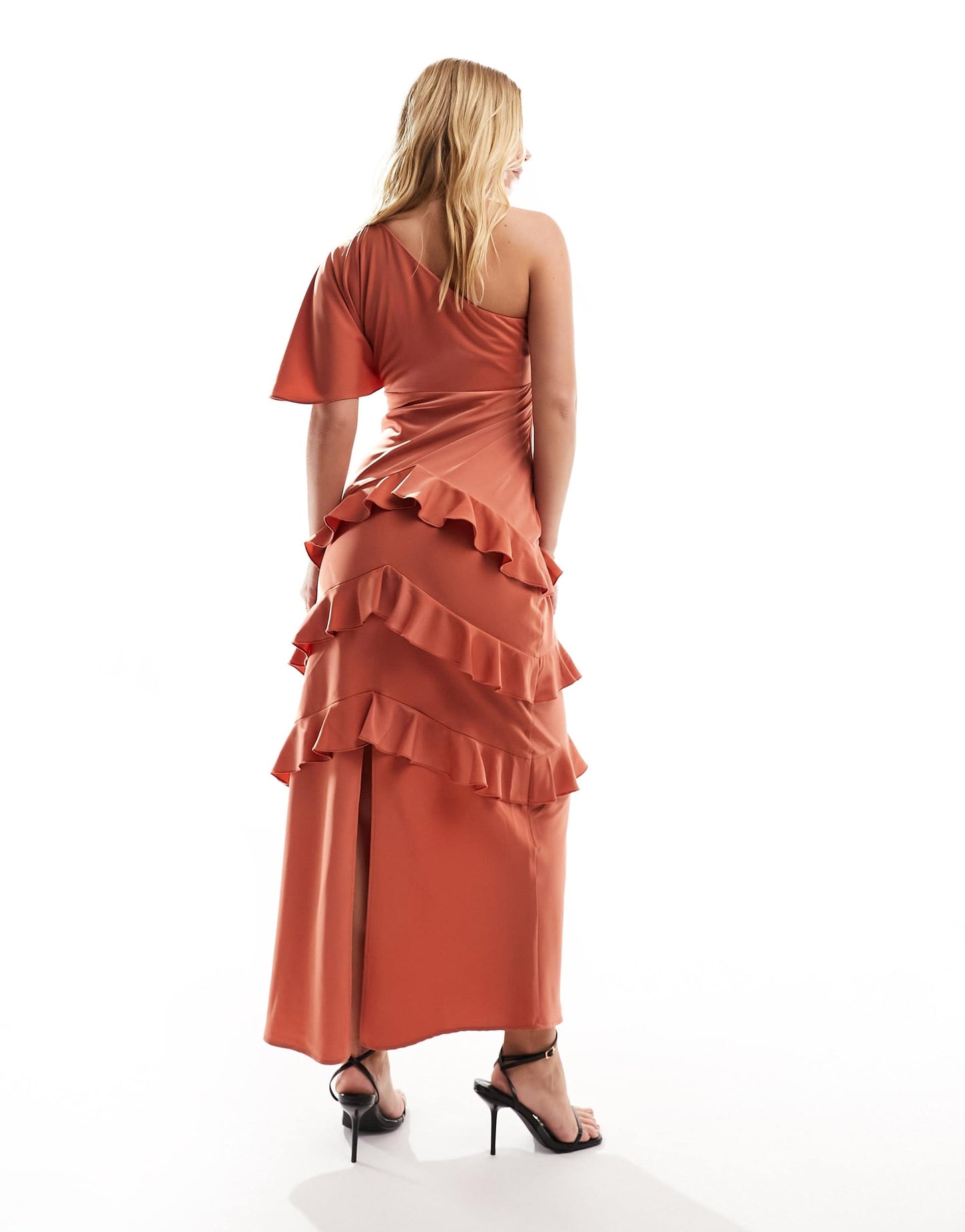 Pretty Lavish one sleeve ruffle midaxi dress in terracotta