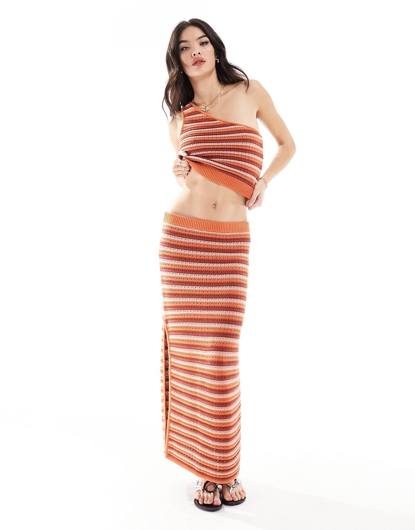 Rhythm spirit one shoulder knit beach stripe co-ord top in coral