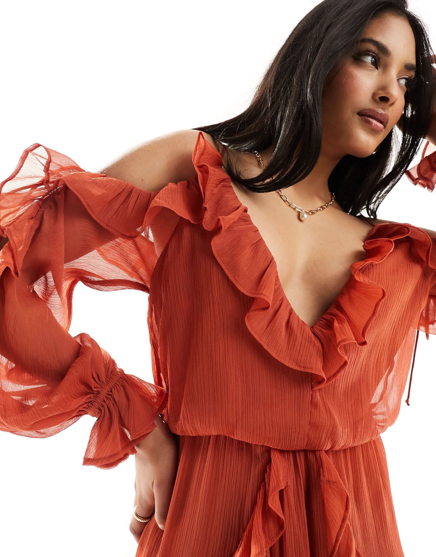 ASOS DESIGN ruffle off shoulder midi dress in rust