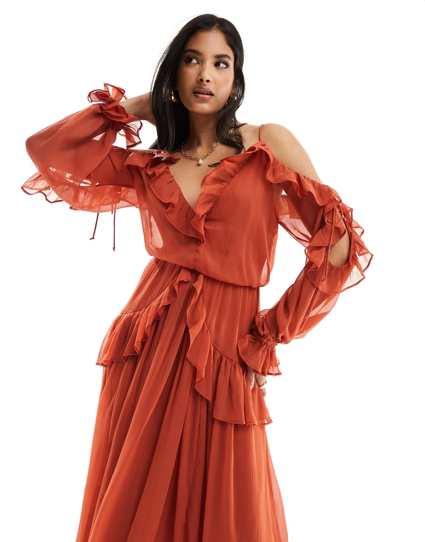 ASOS DESIGN ruffle off shoulder midi dress in rust