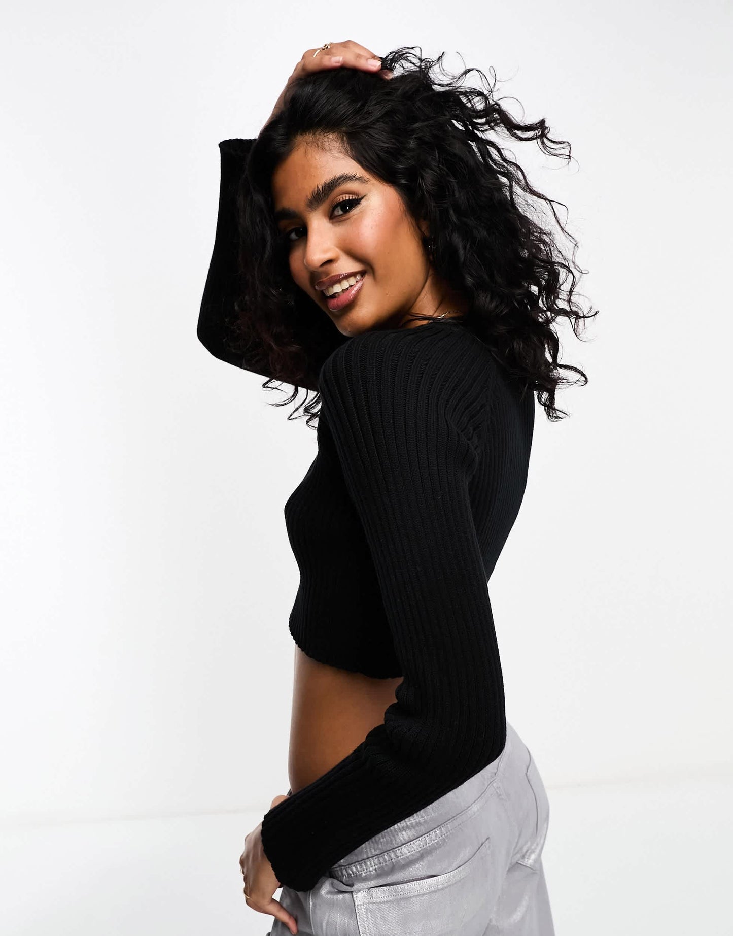 Bershka chunky crew neck jumper in black