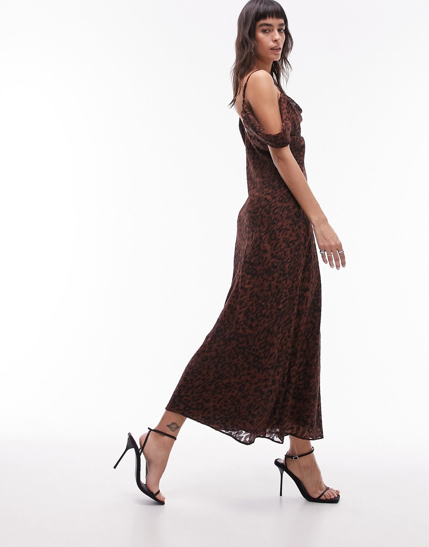 Topshop Premium off shoulder cami midi dress in animal jacquard print