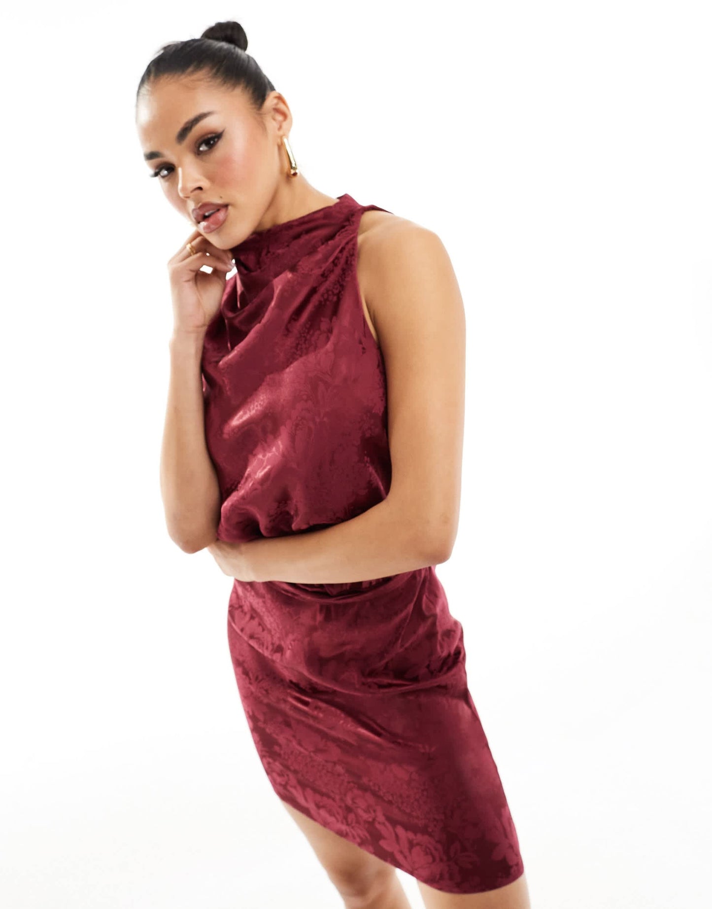 Flounce London high neck sleeveless satin mini dress in port
