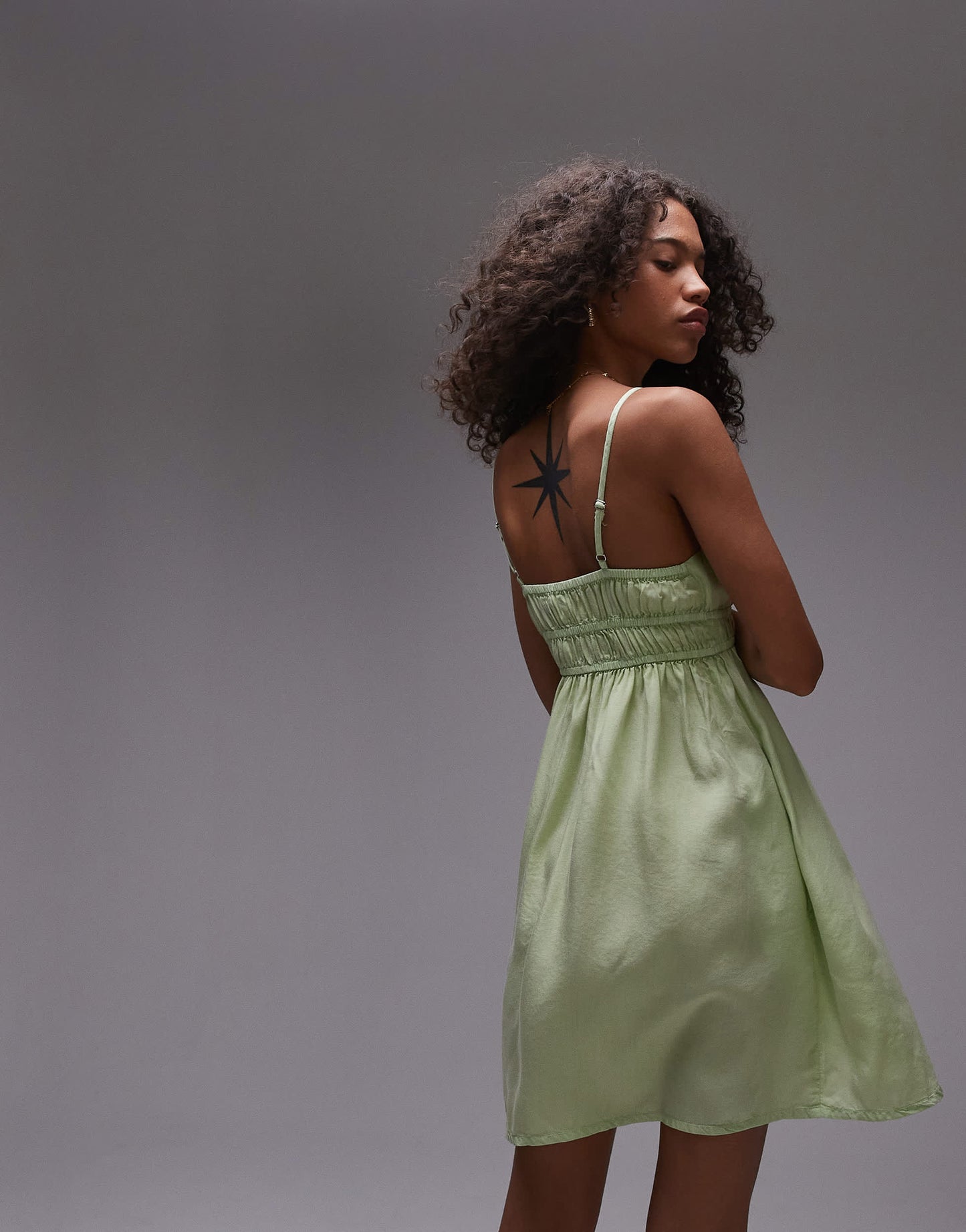 Topshop acid wash shirred channelled mini dress in green
