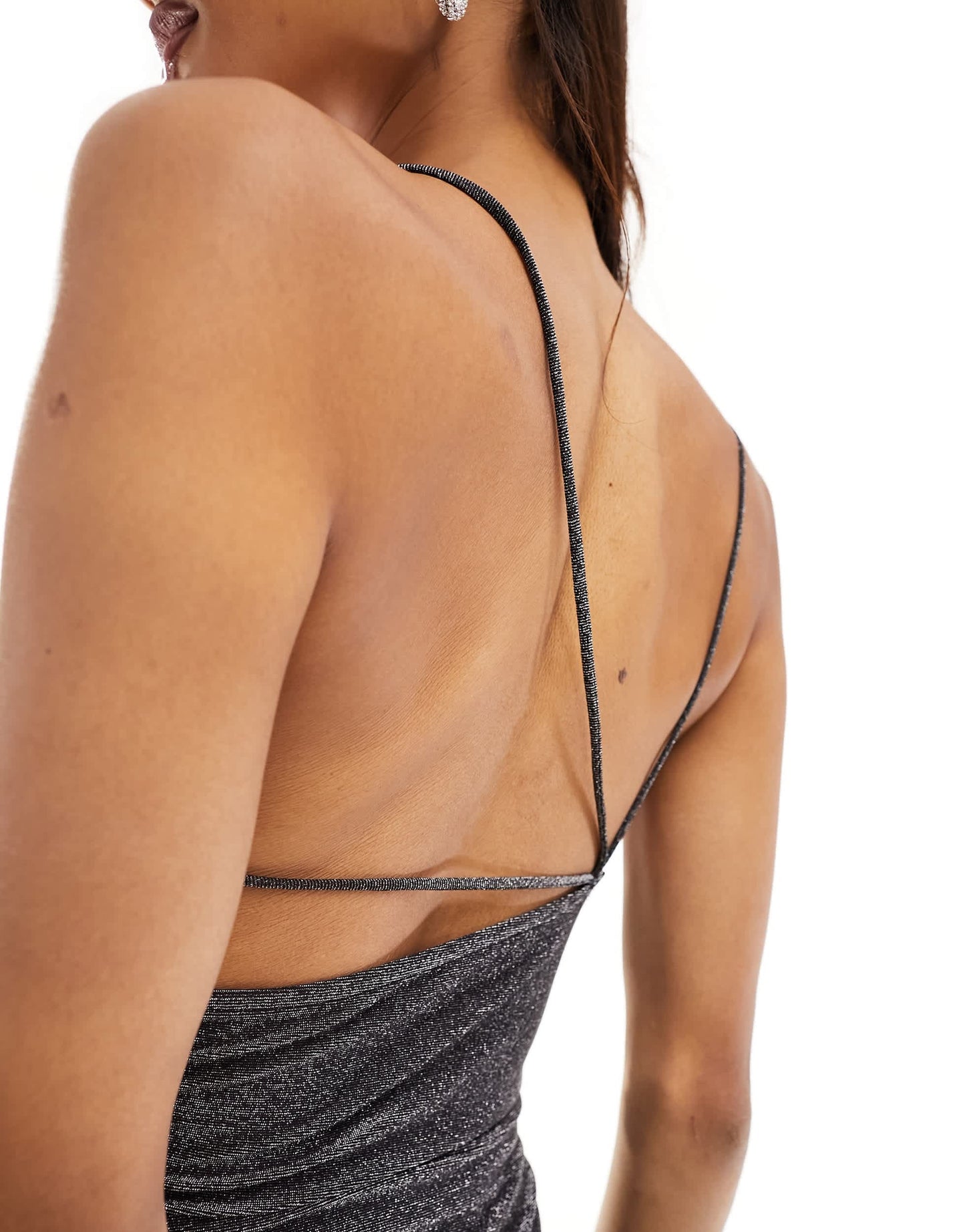 Pull&Bear asymmetric strappy back glitter maxi dress in dark grey