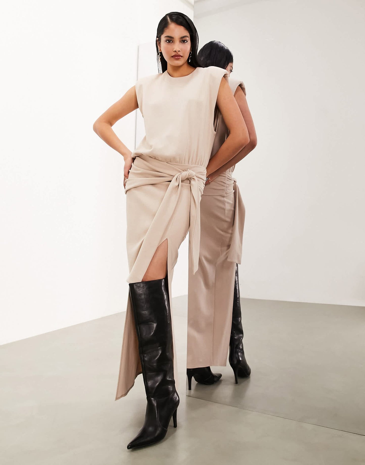 ASOS EDITION textured jersey shoulder pad midaxi dress with knot detail in mocha