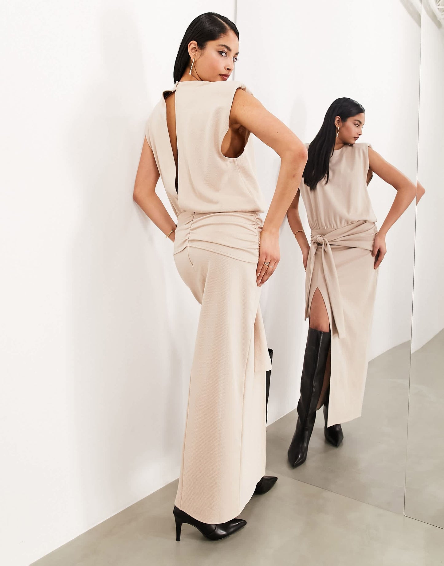 ASOS EDITION textured jersey shoulder pad midaxi dress with knot detail in mocha