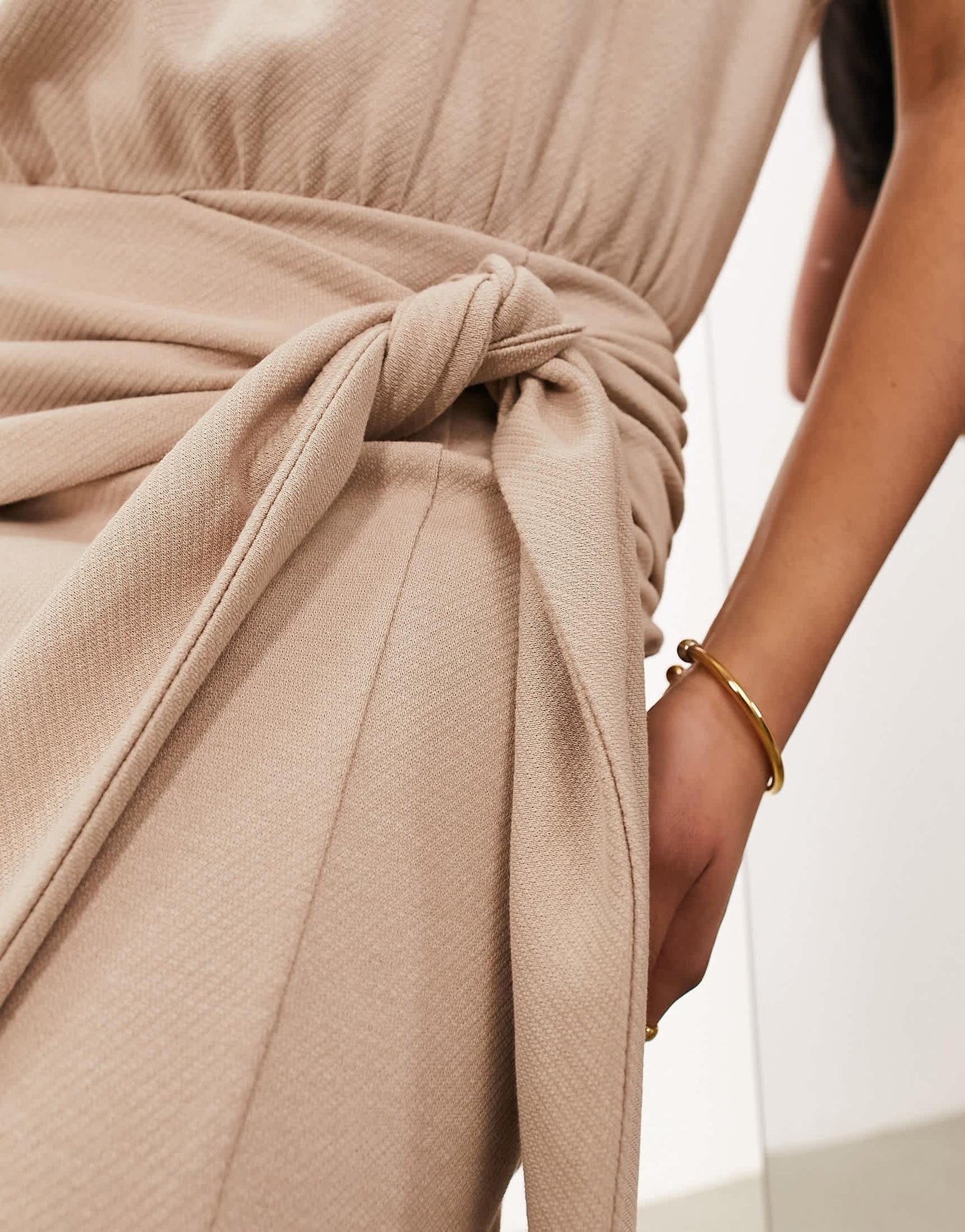 ASOS EDITION textured jersey shoulder pad midaxi dress with knot detail in mocha