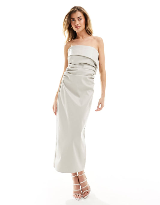 Kaiia exclusive leather look ruched bandeau midaxi dress in ecru