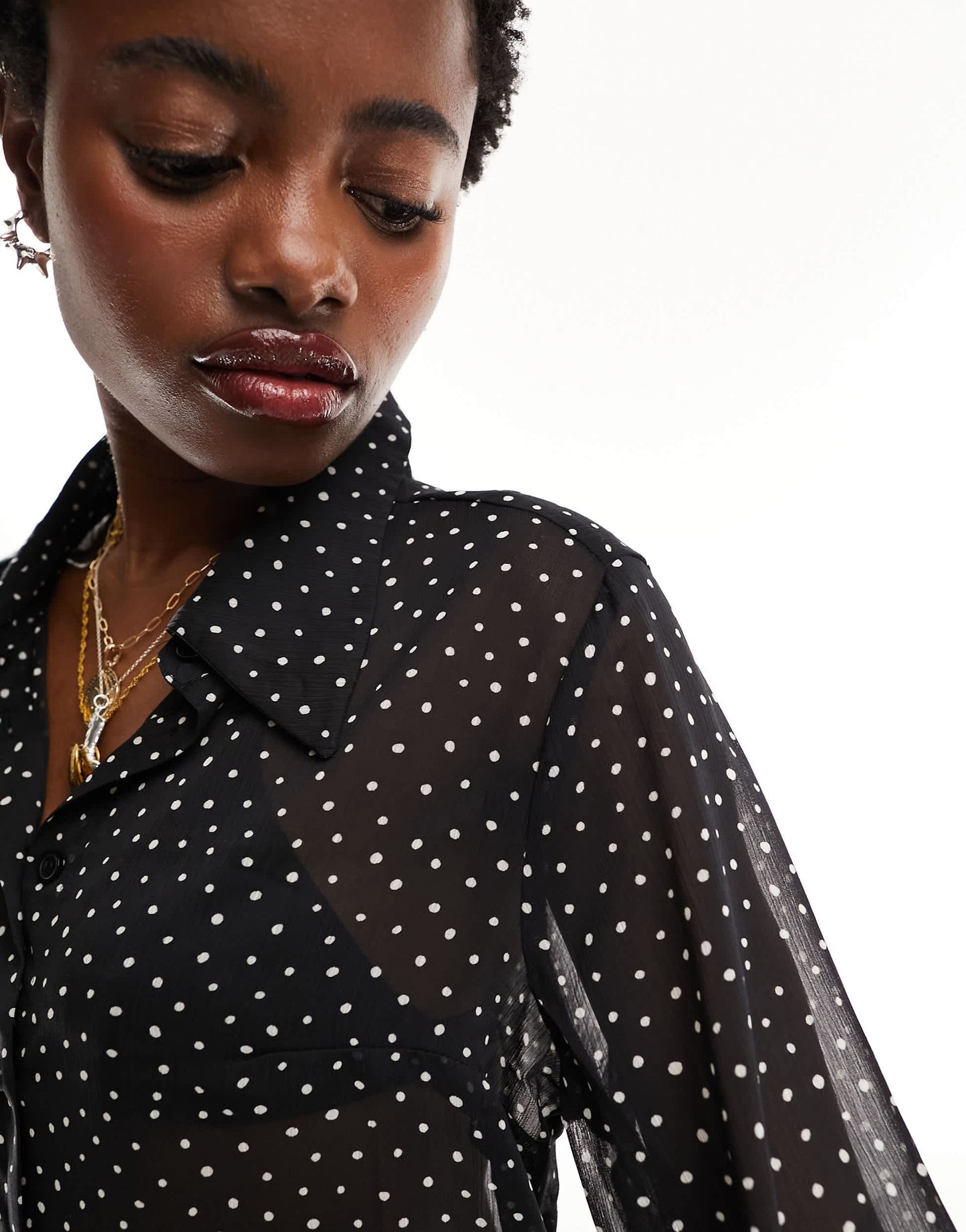 Monki long sleeve shirt in black mono dot print