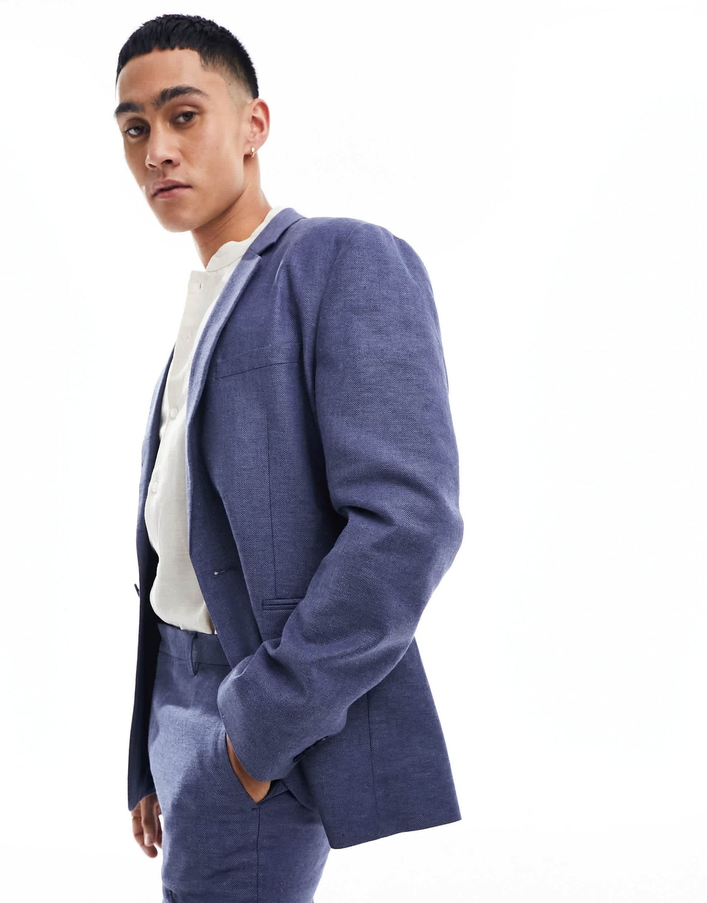 ASOS DESIGN skinny herringbone suit jacket with linen in navy
