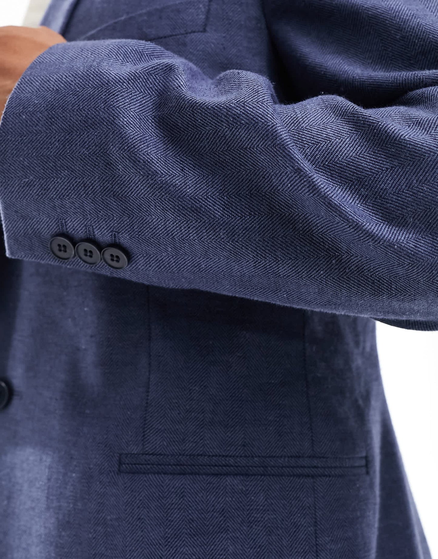 ASOS DESIGN skinny herringbone suit jacket with linen in navy
