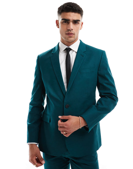 ASOS DESIGN slim with linen suit jacket in teal green