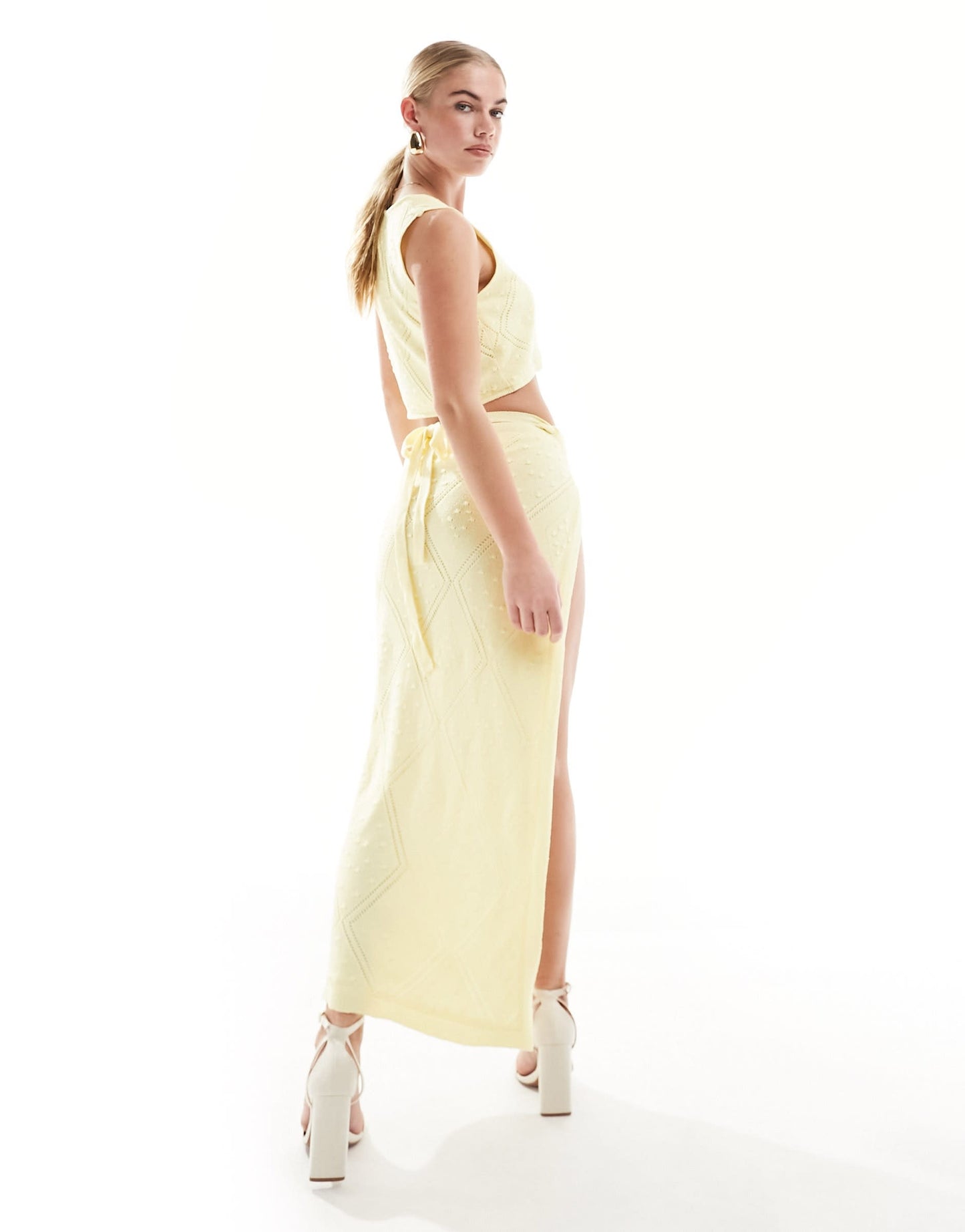 SNDYS fine knit tie detail maxi skirt co-ord in yellow
