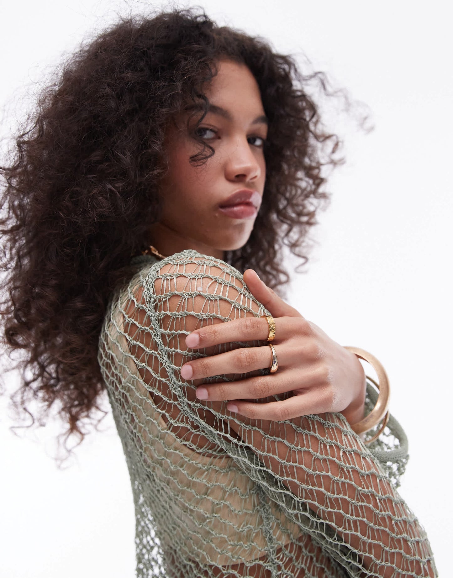 Topshop knitted open stitch top in sage