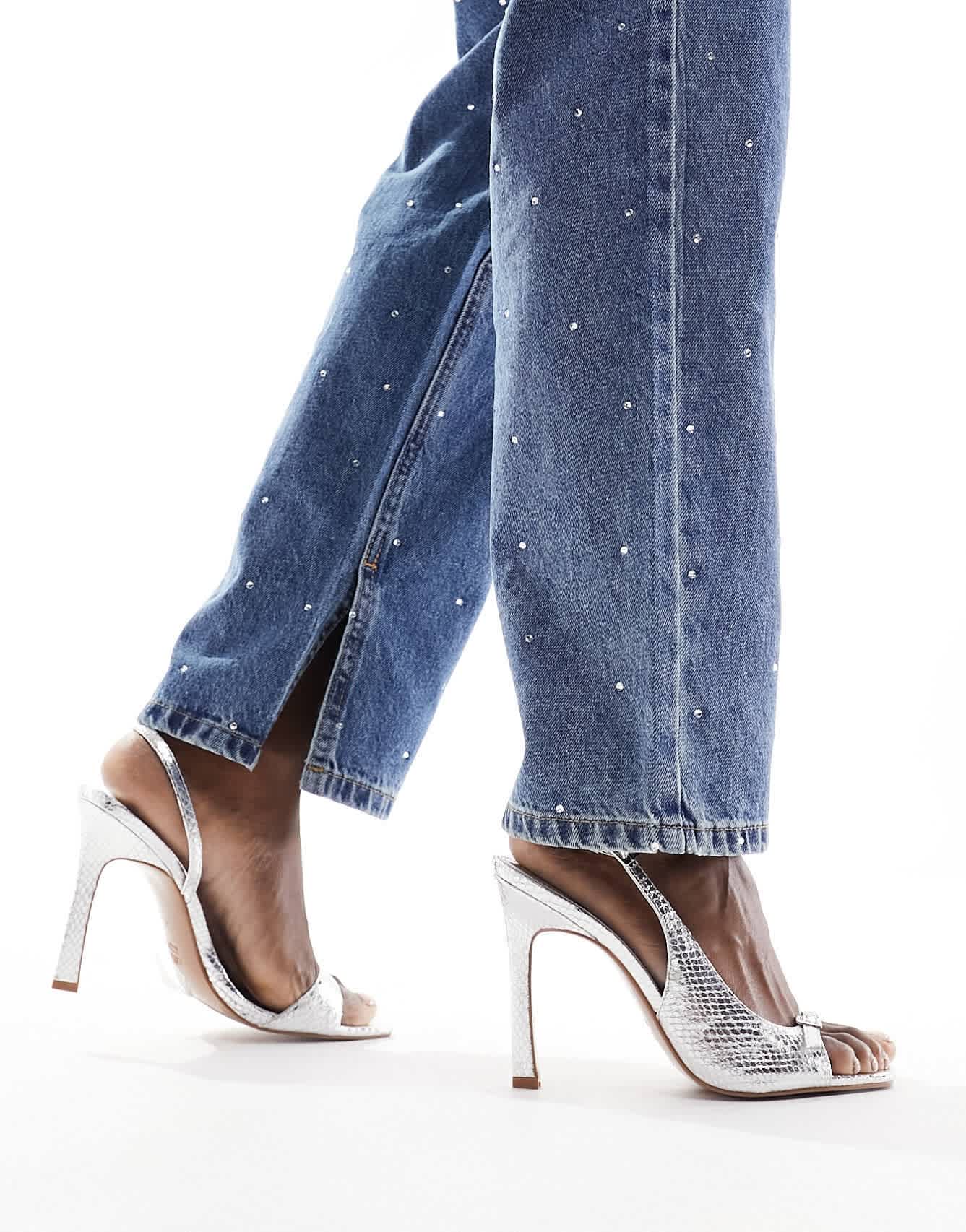 ASOS DESIGN Netty mini buckle detail barely there heeled sandals in silver