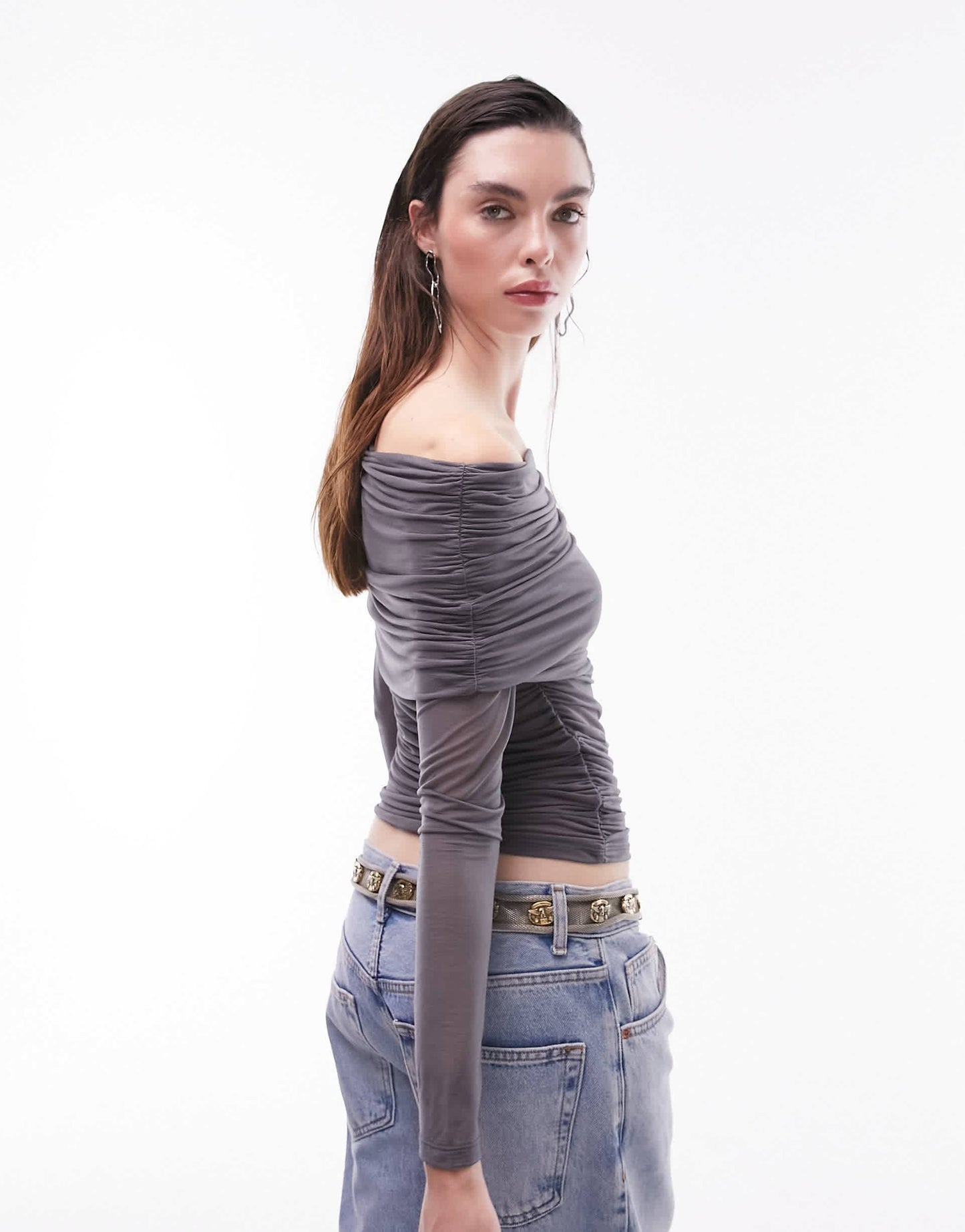 Topshop sheer long sleeve bardot in charcoal