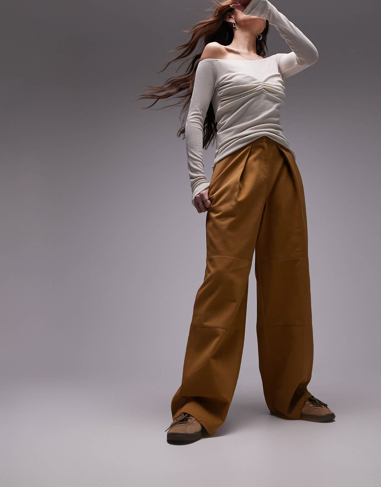 Topshop darted hem detail tailored wide leg trouser in sand