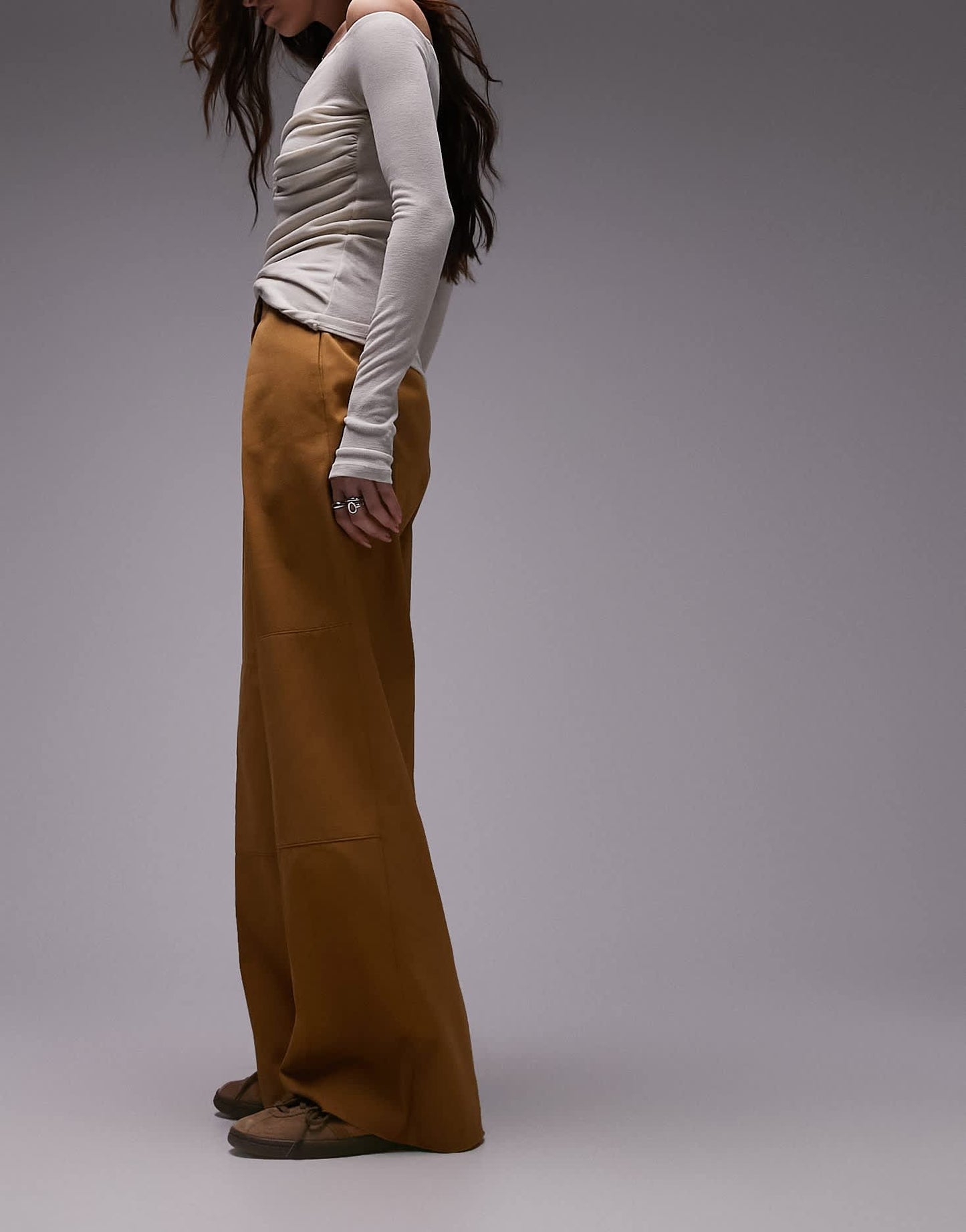 Topshop darted hem detail tailored wide leg trouser in sand