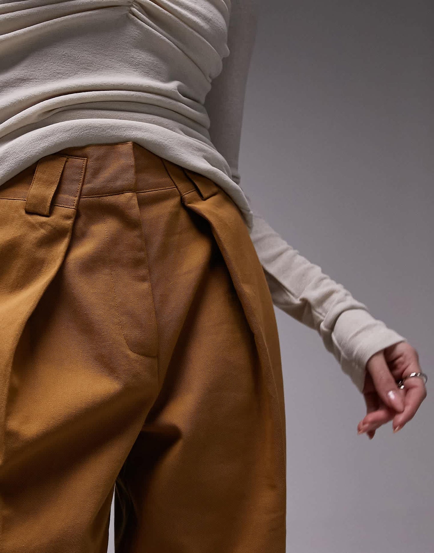 Topshop darted hem detail tailored wide leg trouser in sand