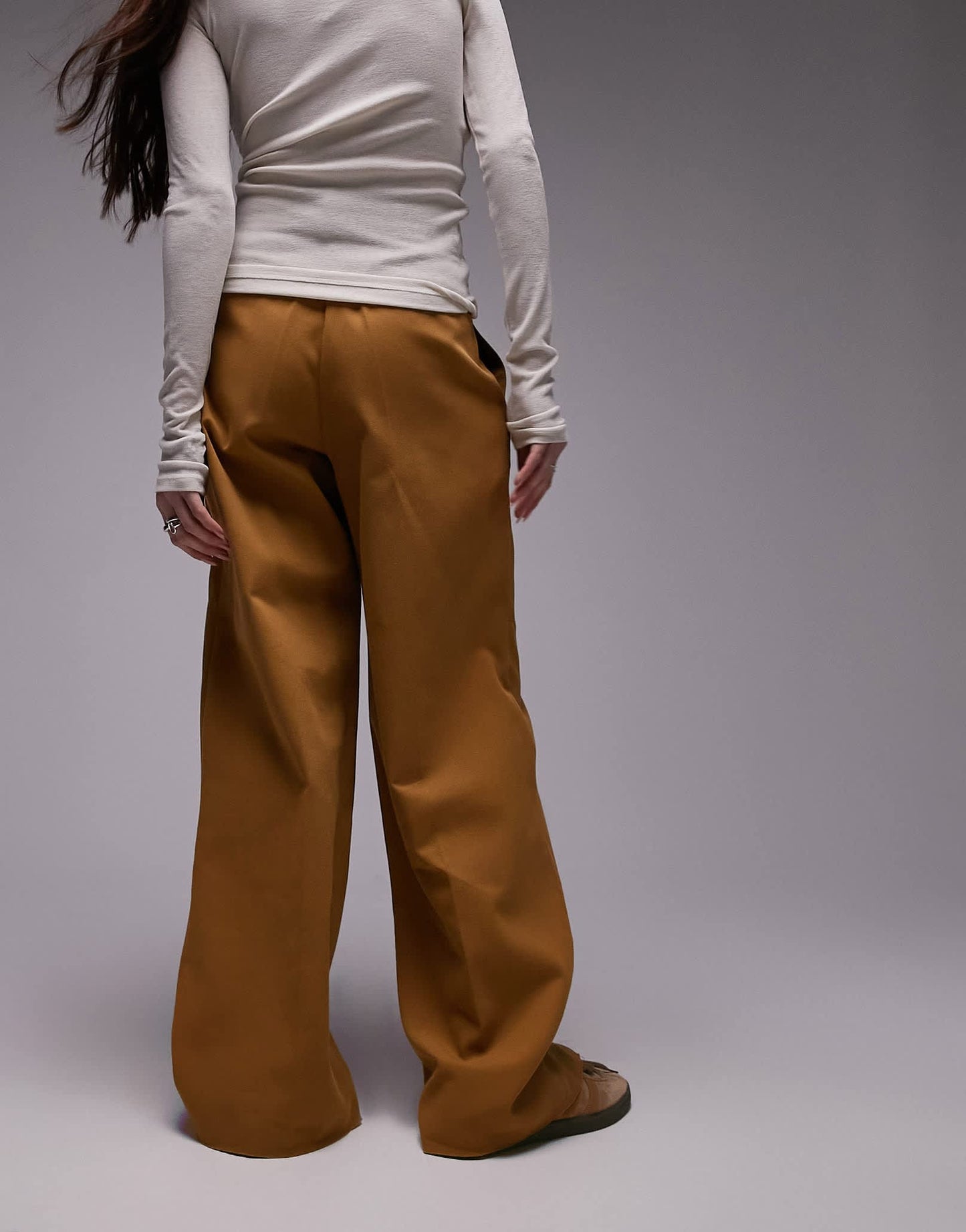 Topshop darted hem detail tailored wide leg trouser in sand