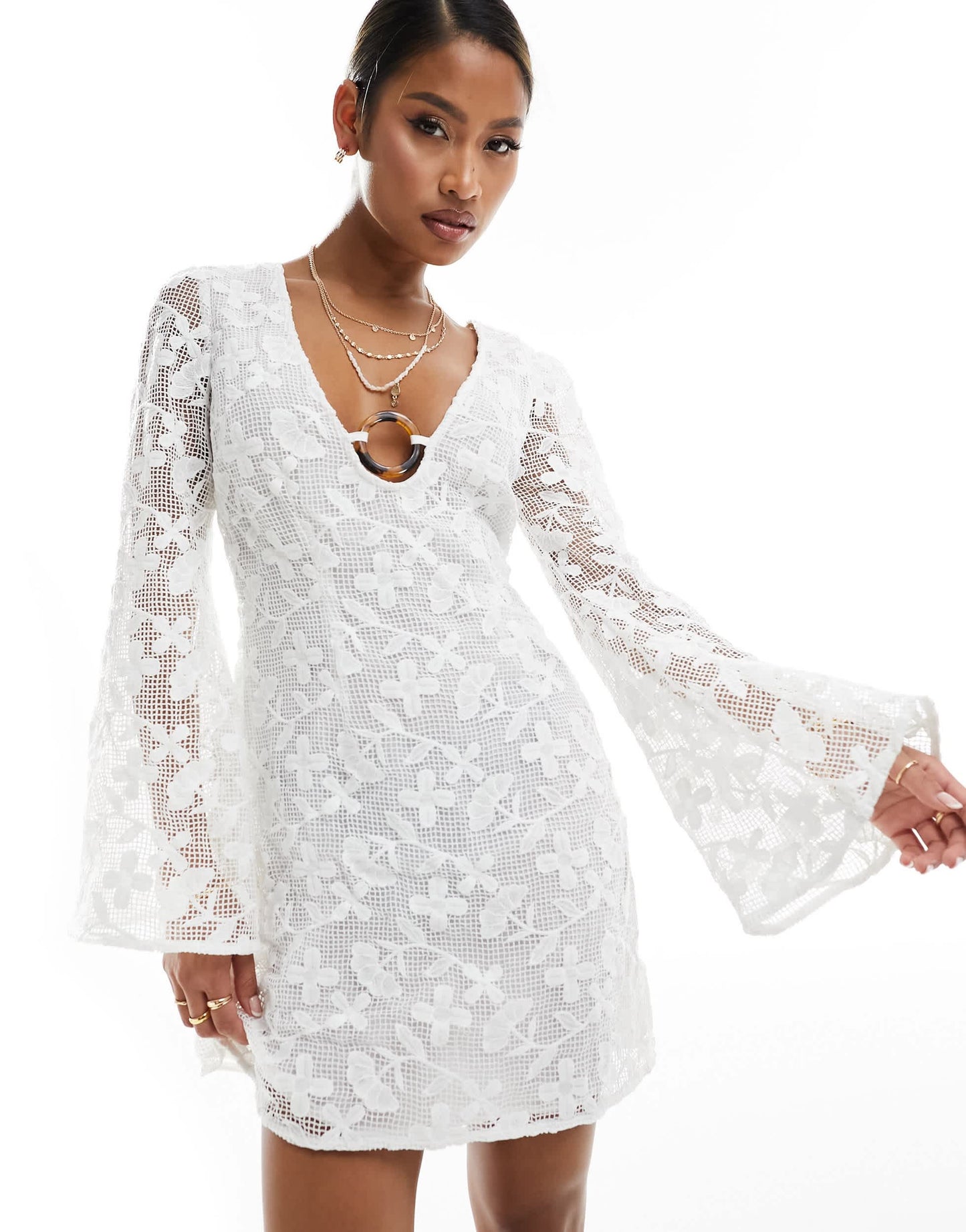 ASOS DESIGN flared sleeve crochet mini dress with ring detail in white