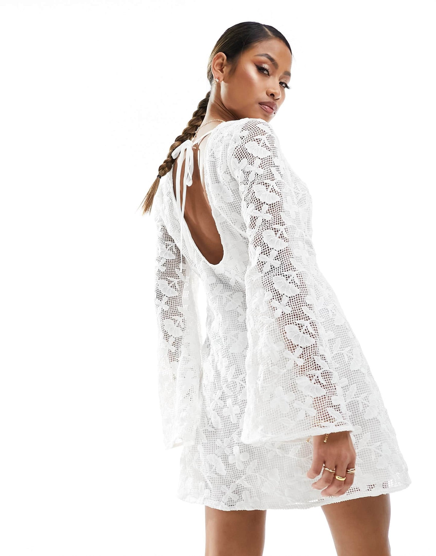 ASOS DESIGN flared sleeve crochet mini dress with ring detail in white