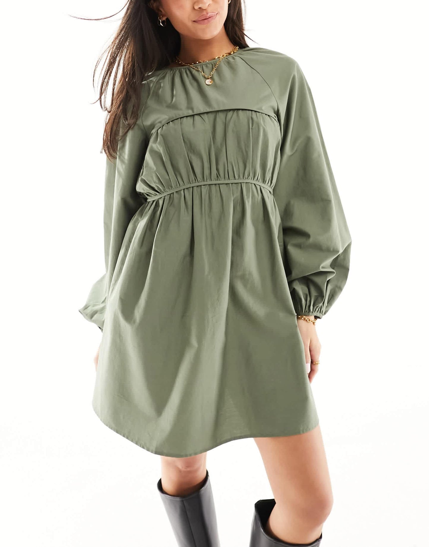 ASOS DESIGN cotton poplin mini dress with ruched bust in khaki