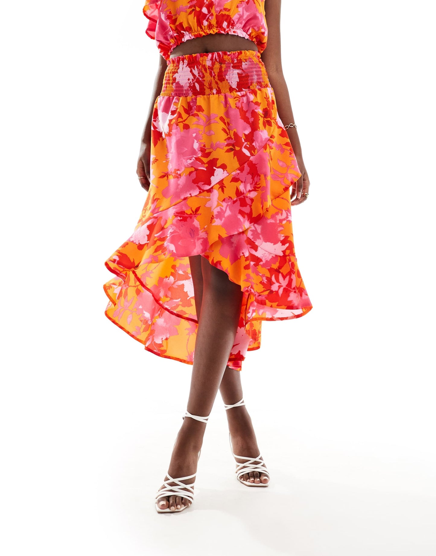 AX Paris ruffle trim midi skirt co-ord in orange and pink floral