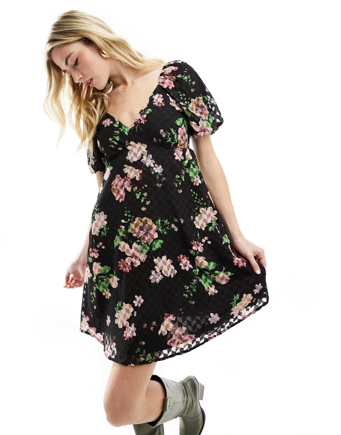 Wednesday's Girl devore puff sleeve mini dress in black floral